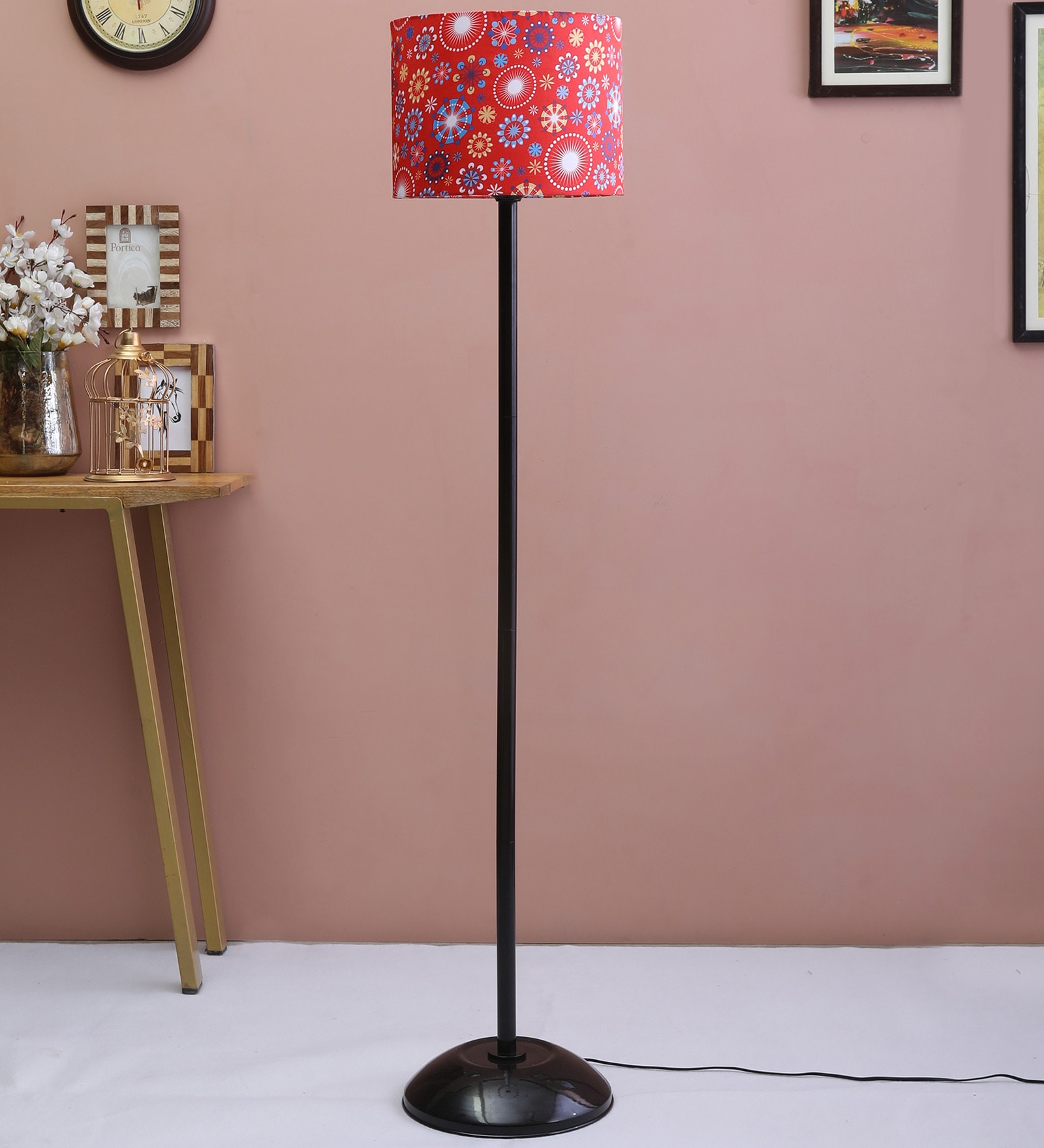 Multicolour Fabric Shade Floor Lamp with Black Base