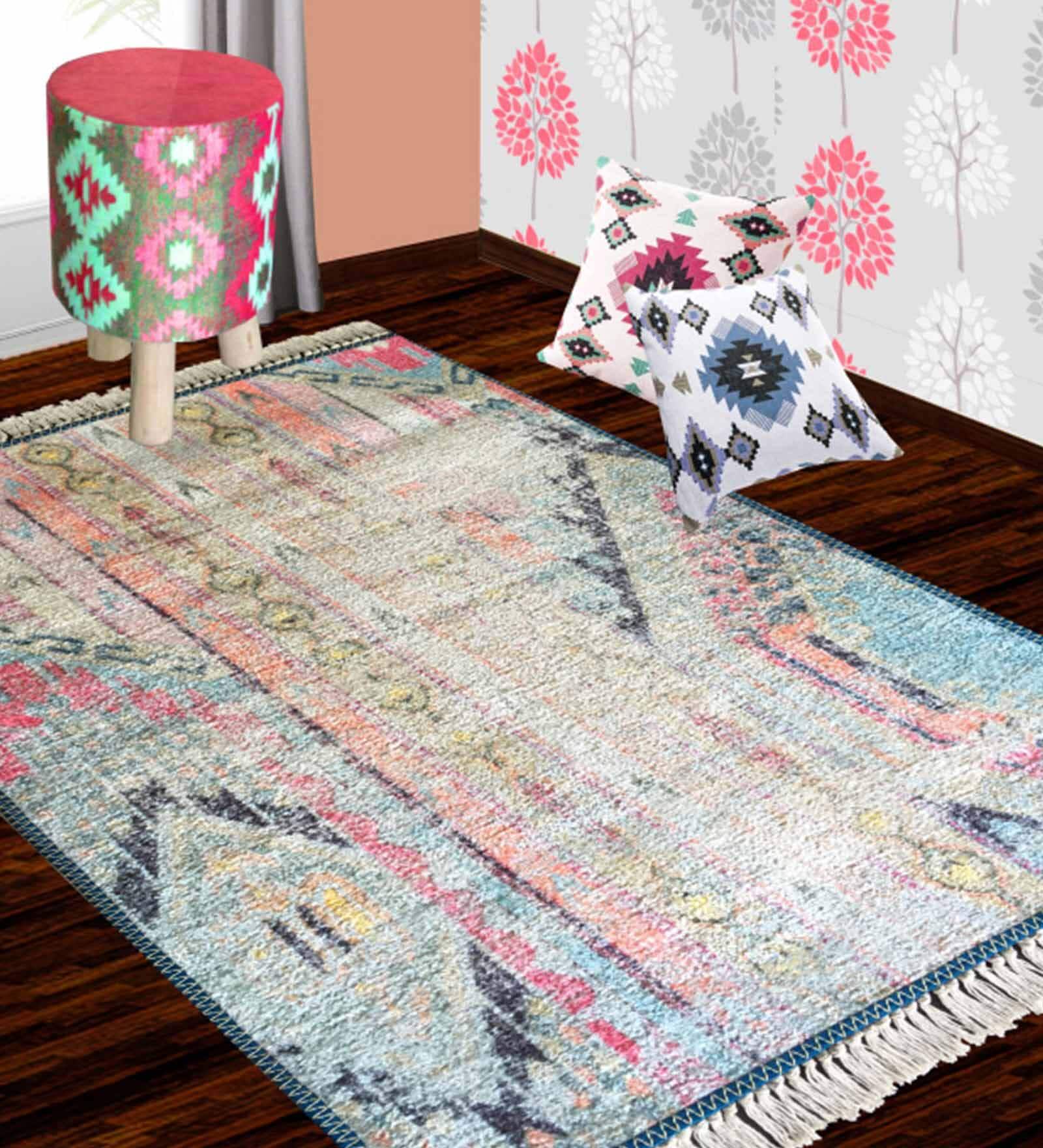Multicolor Persian Faux Silk 4 ft x 6 ft Hand Woven Carpet