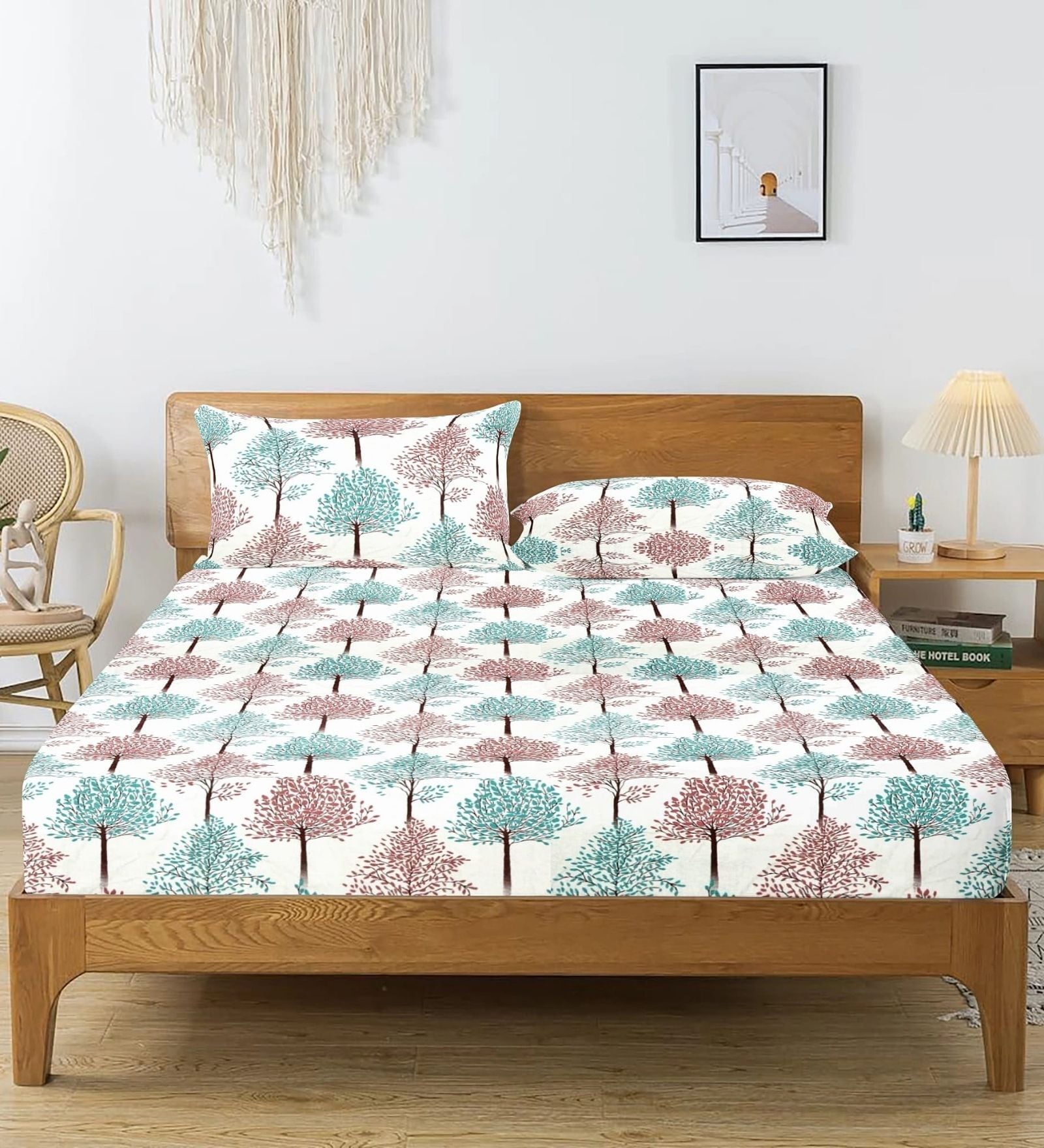 Multicolor Floral 144 TC Cotton King Fitted Bedsheet with 2 Pillow Covers