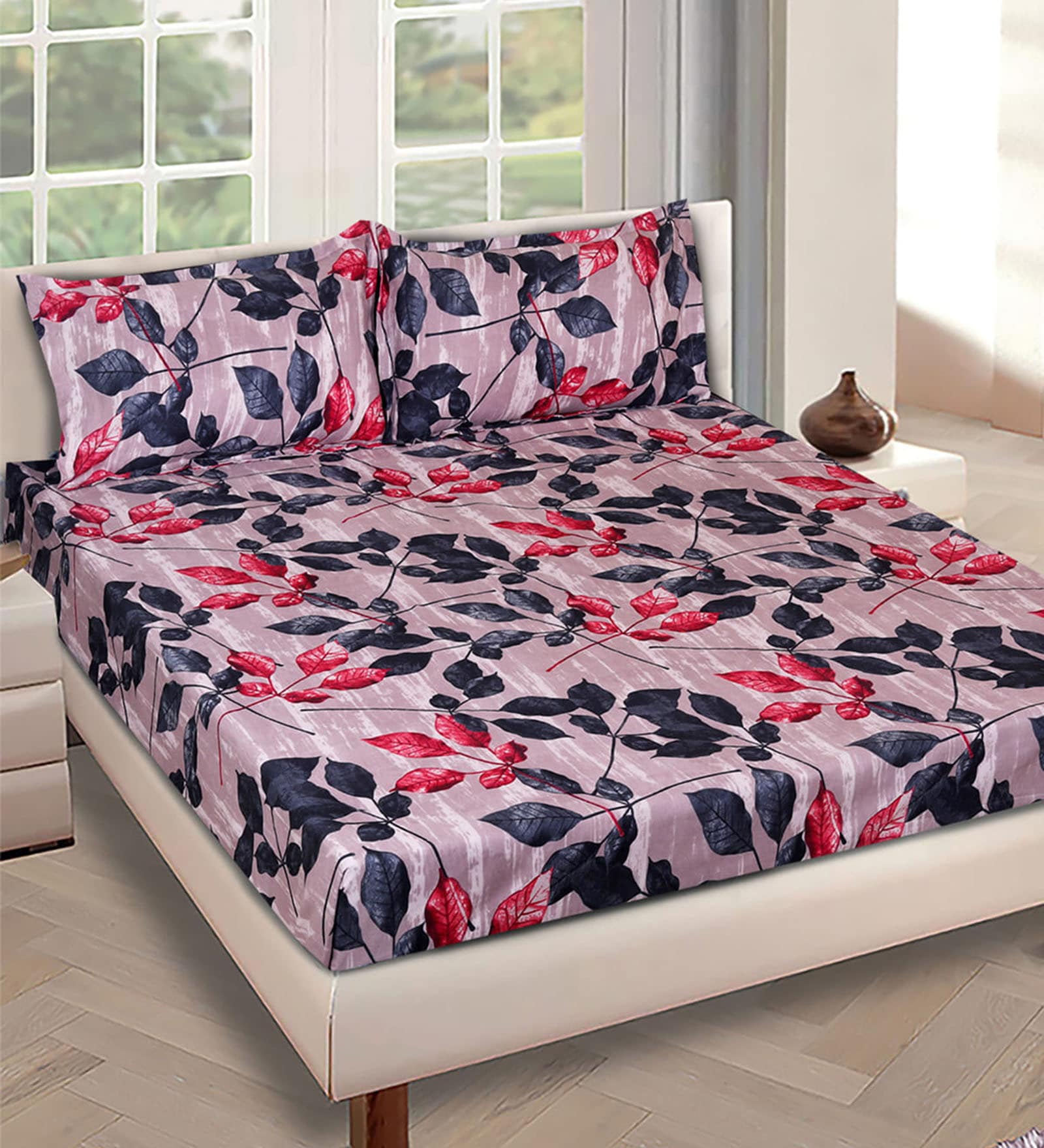 Grey And Red Floral 144 TC Glace Cotton Queen Sized Double Bedsheet with 2 Pillow Covers