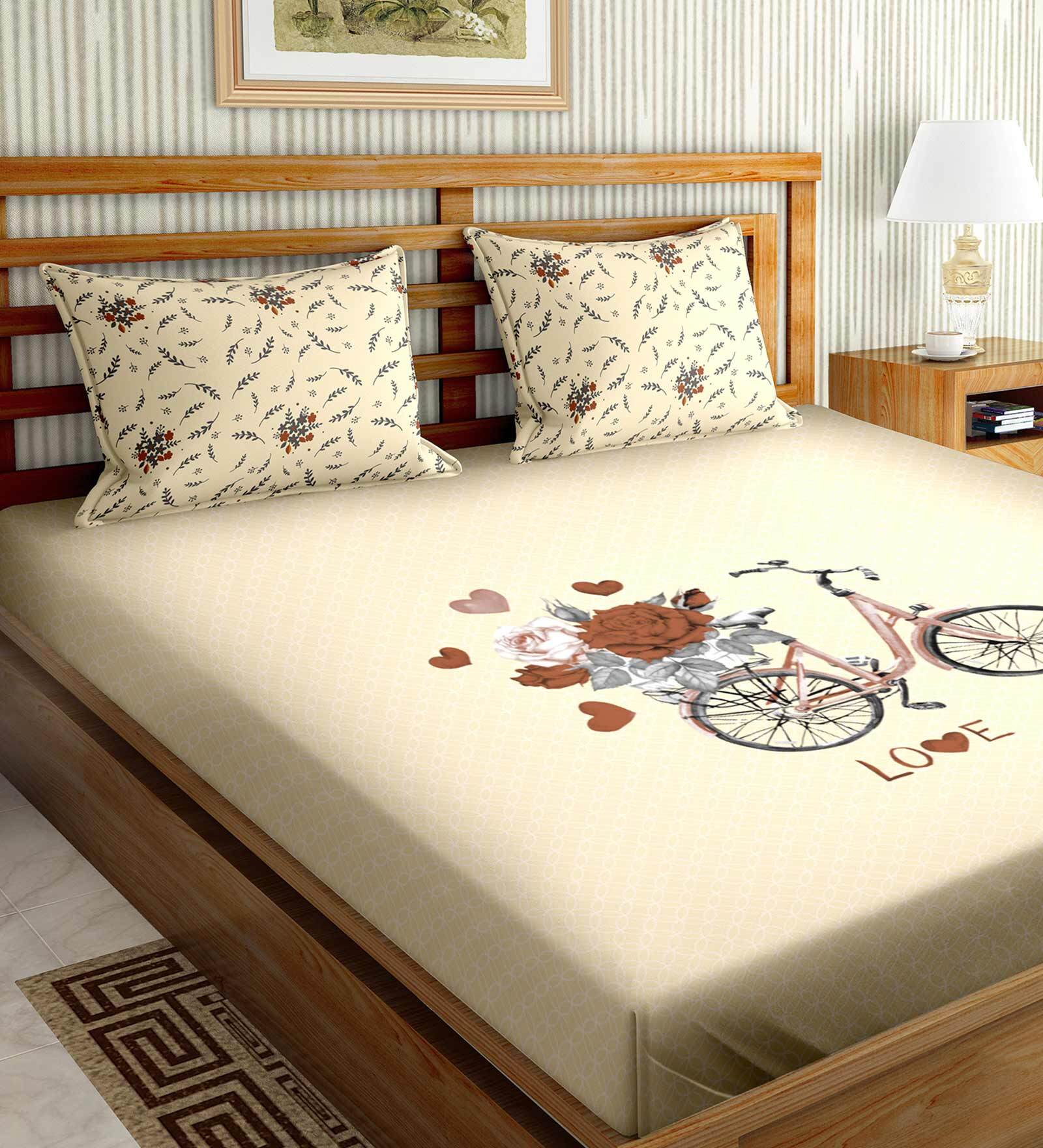 Beige Floral 150 TC Cotton Double Bedsheet With 2 Pillow Covers Mysterious Collection