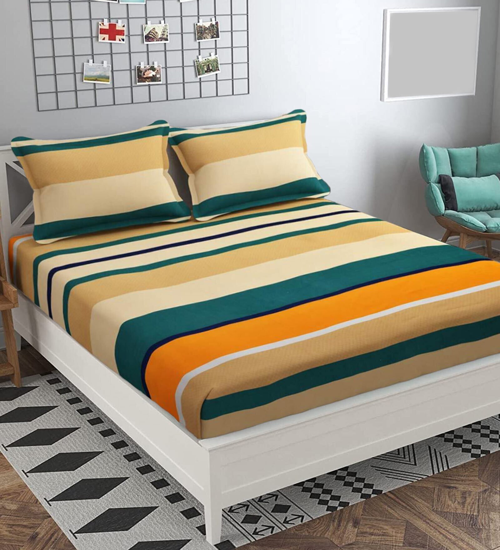 Multicolor Striped 160 TC Microfibre Queen Sized Bedsheet with 2 Pillow Covers