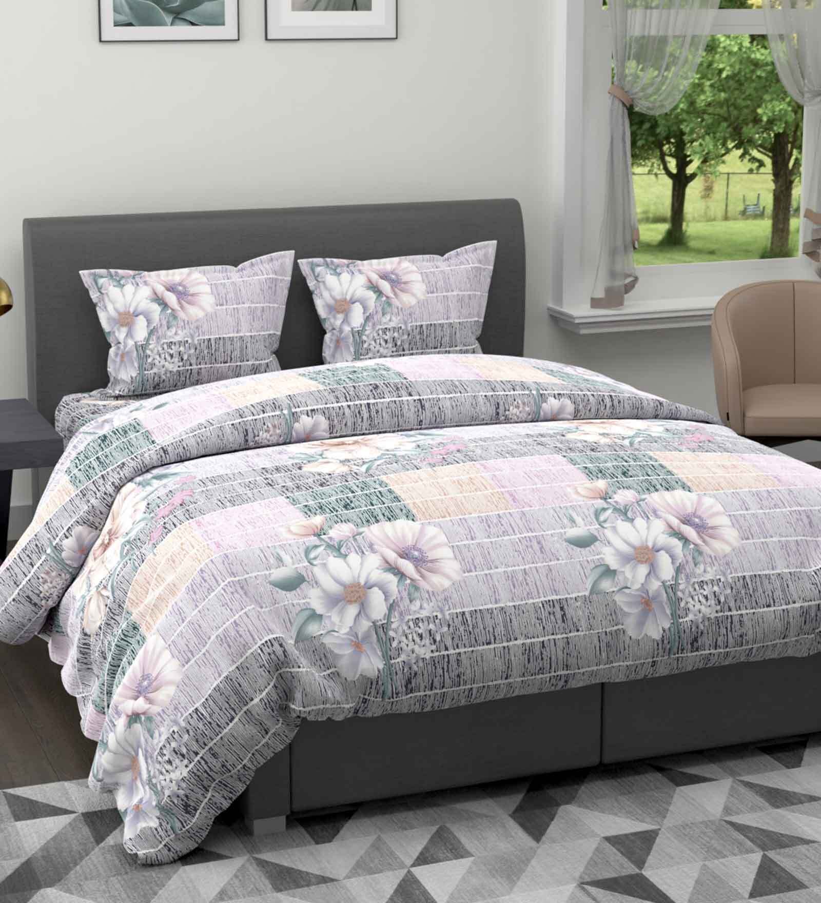 Grey Floral 192 TC Microfiber (Set of 4) Double Bed Bedding Sets