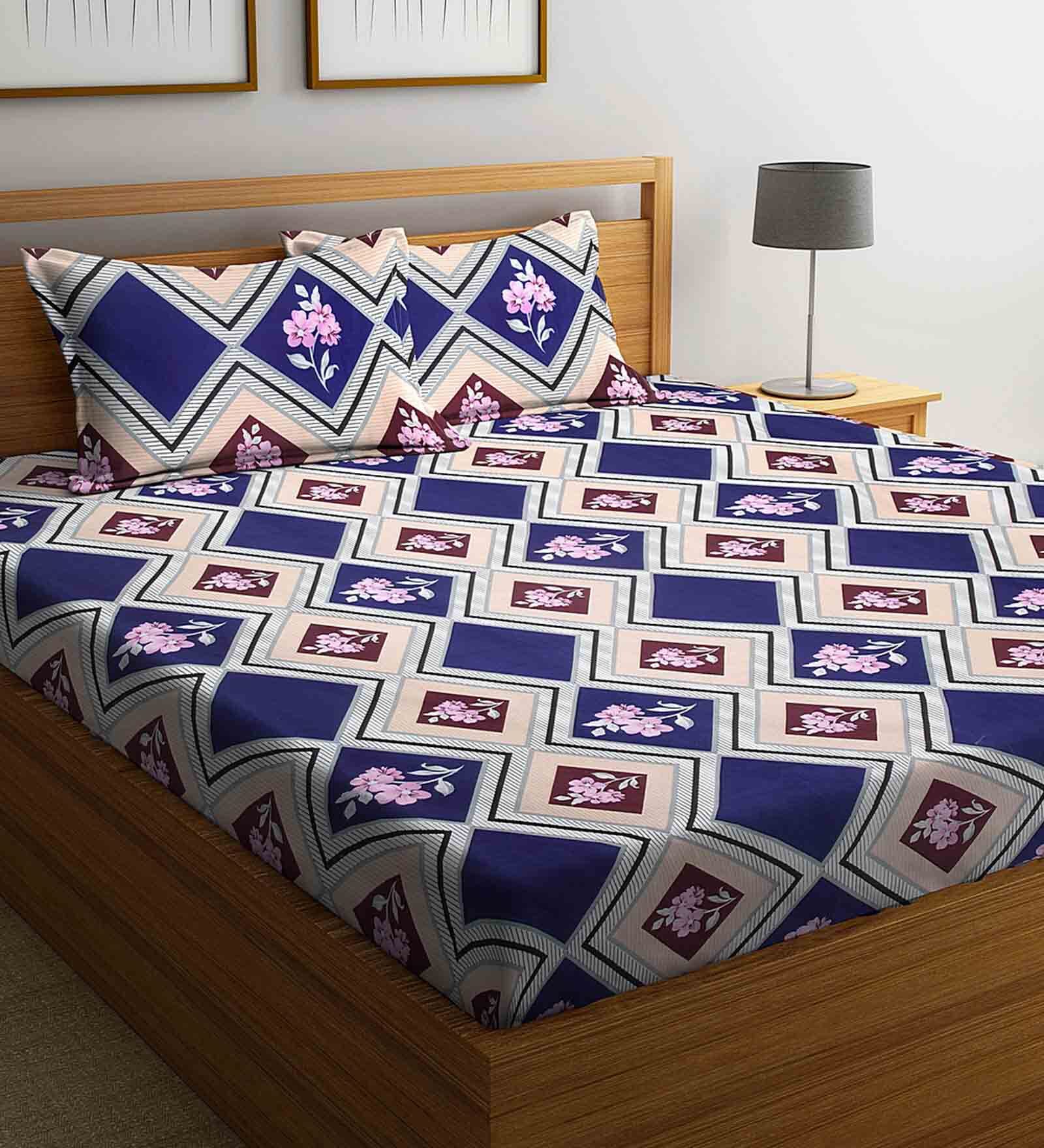 Blue Geometric 210 TC Polycotton 1 Double King Size Bedsheet with 2 Pillow Covers