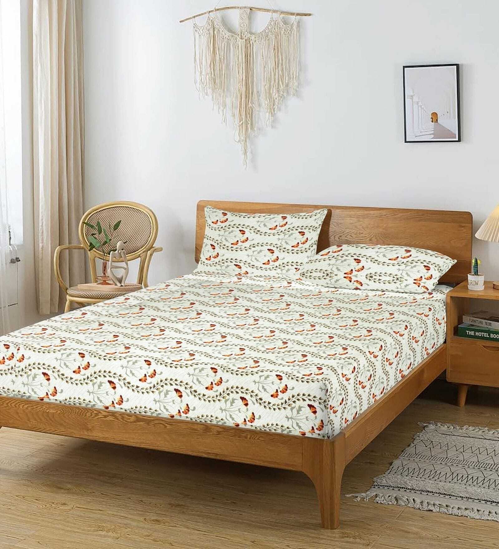 Multicolor Floral 250 TC Cotton King Fitted Bedsheet with 2 Pillow Covers