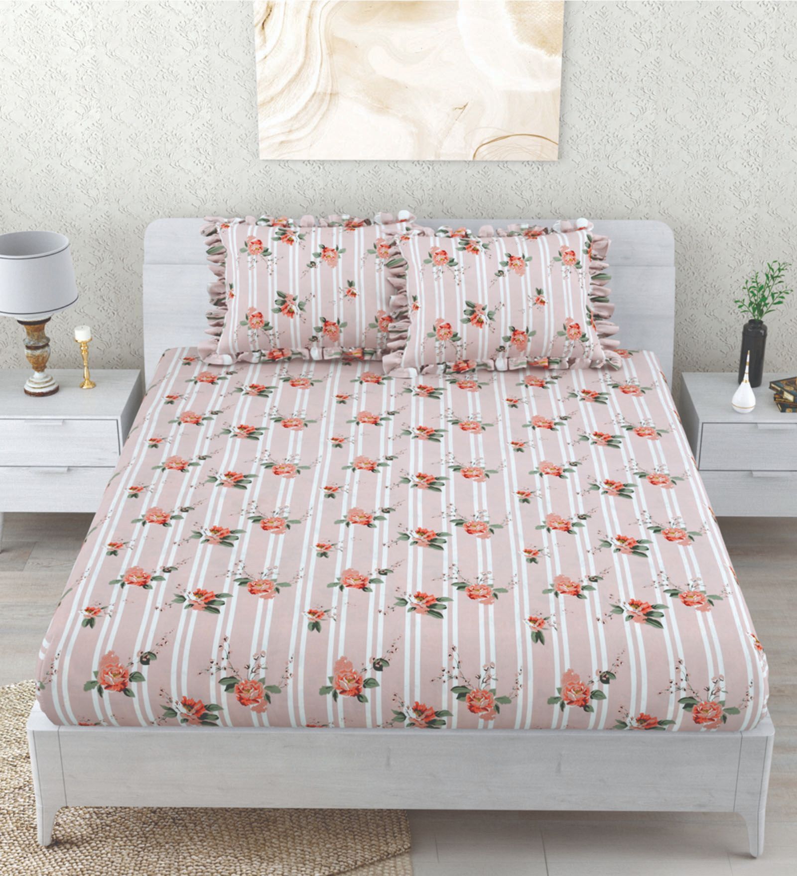 Ziva Floral 260 Tc Polycotton Double Fitted Bedsheet With 2 Pillow Covers