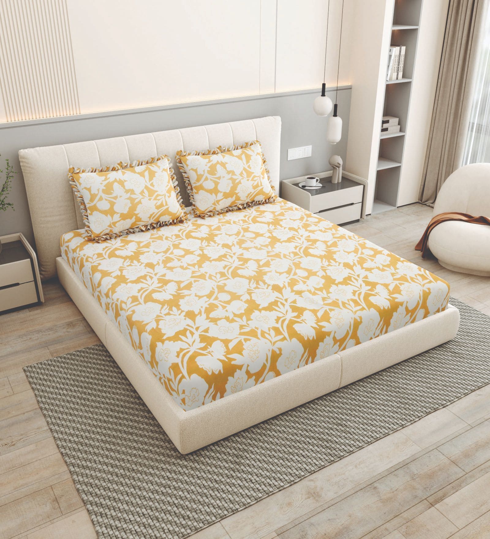 Saffron Floral 260 Tc Polycotton King Fitted Bedsheet With 2 Pillow Covers