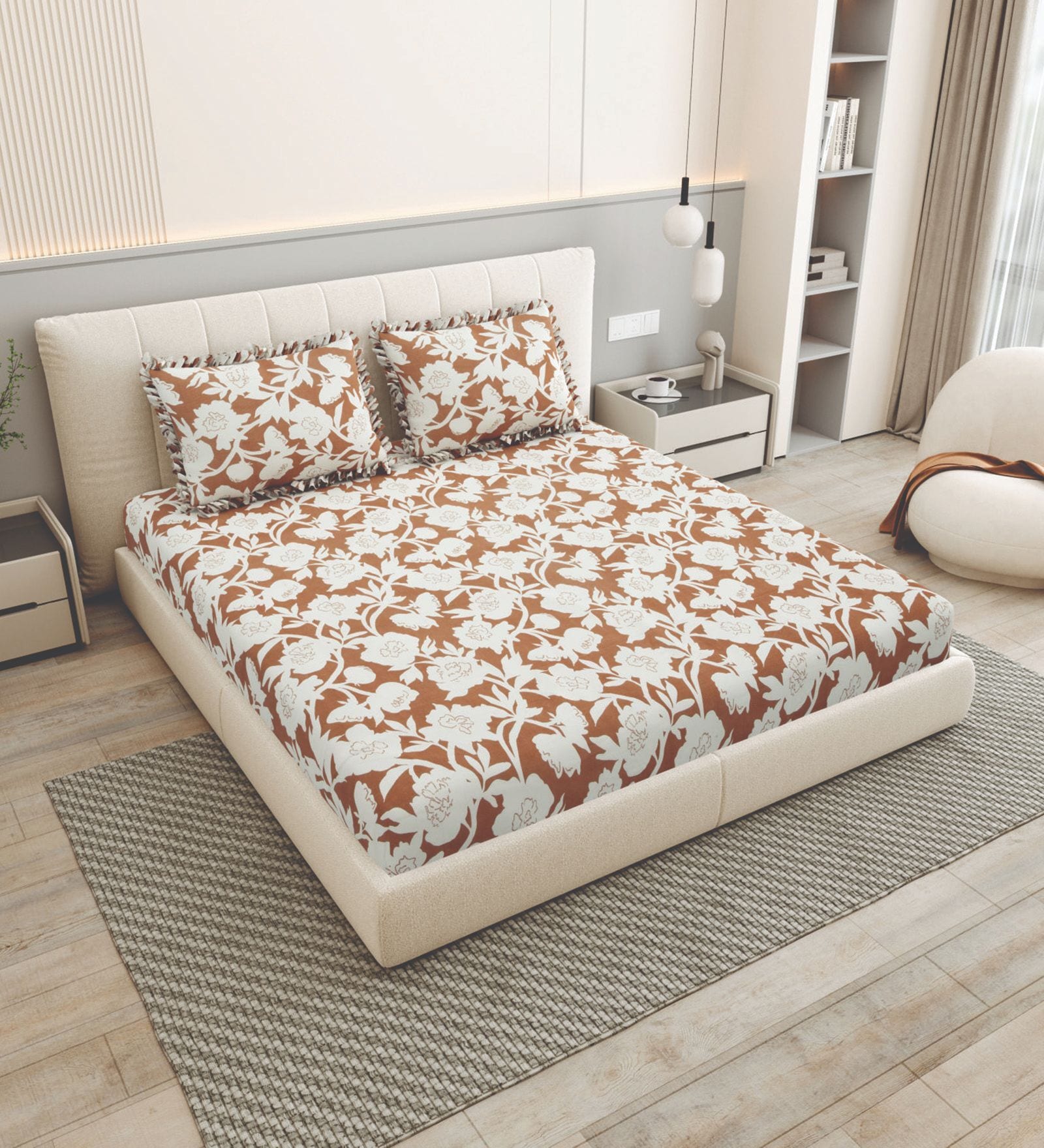 Brown Floral 260 Tc Polycotton King Fitted Bedsheet With 2 Pillow Covers