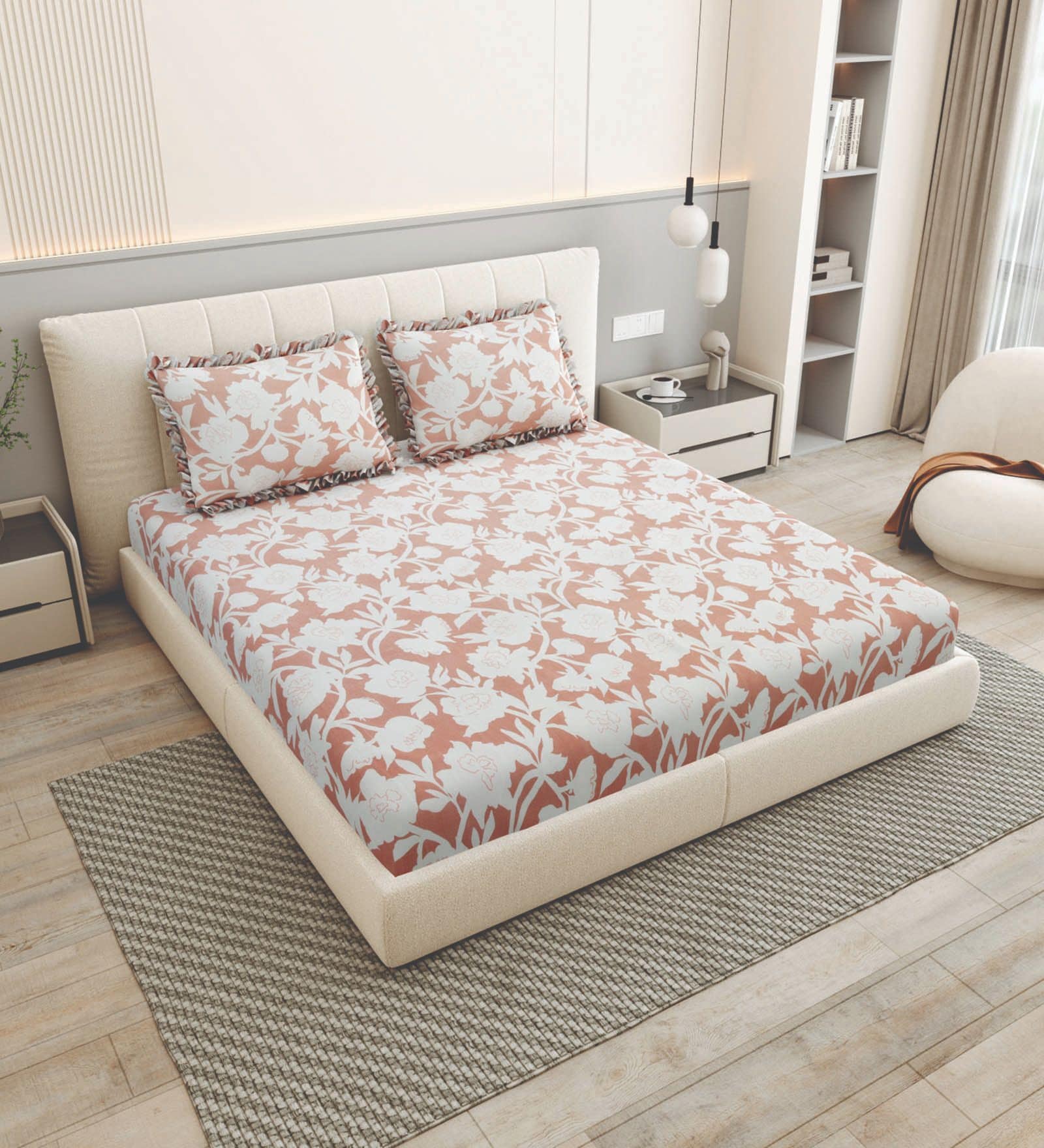 Brown Floral 260 Tc Polycotton King Fitted Bedsheet With 2 Pillow Covers