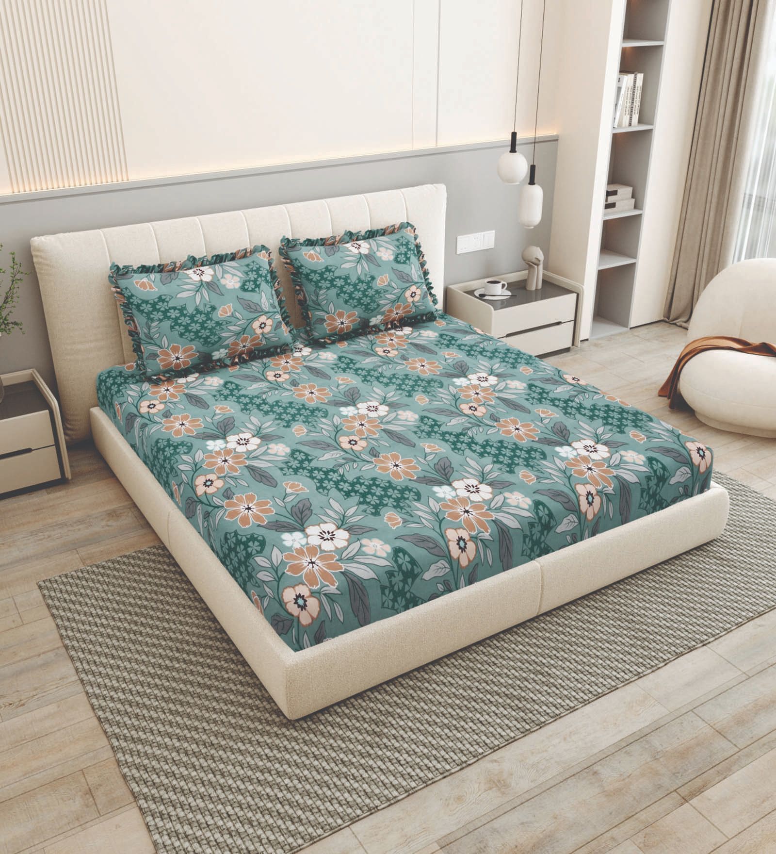 Green Floral 260 Tc Polycotton King Fitted Bedsheet With 2 Pillow Covers