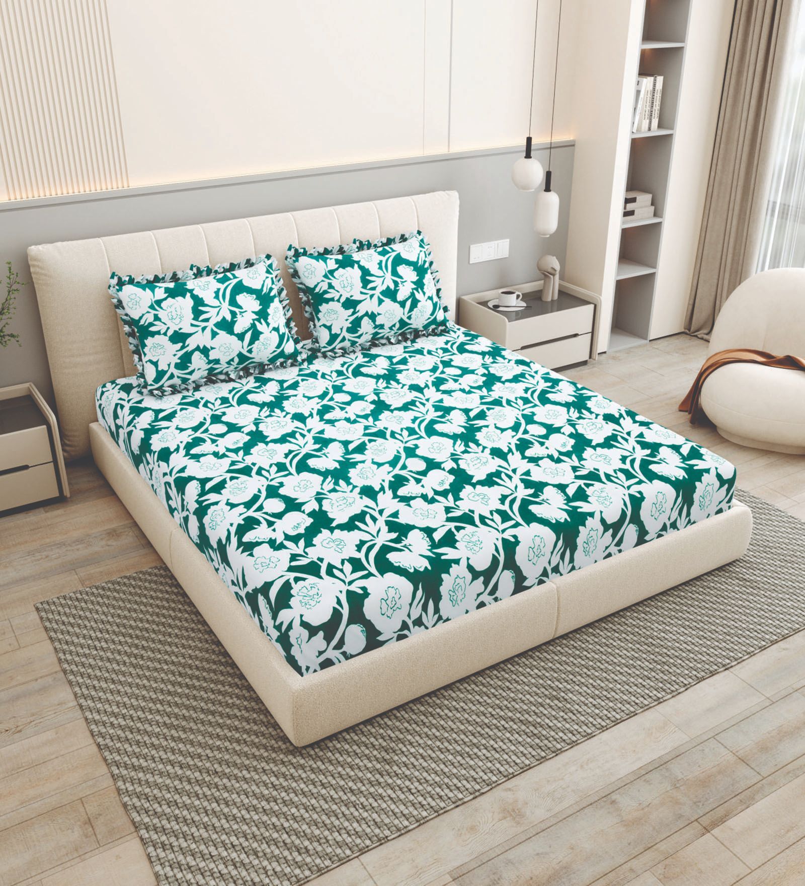Green Floral 260 Tc Polycotton King Fitted Bedsheet With 2 Pillow Covers