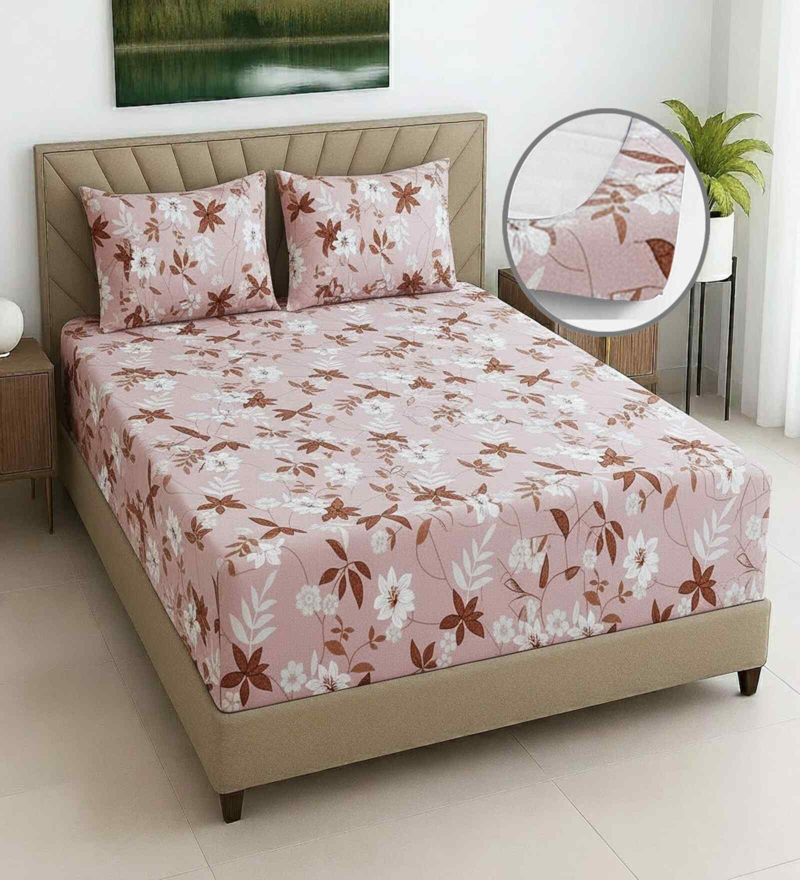 Multicolor Floral 270 TC Polcotton Queen Sized  Fitted Double Bedsheet with 2 Pillow Covers Luxury Series Collection