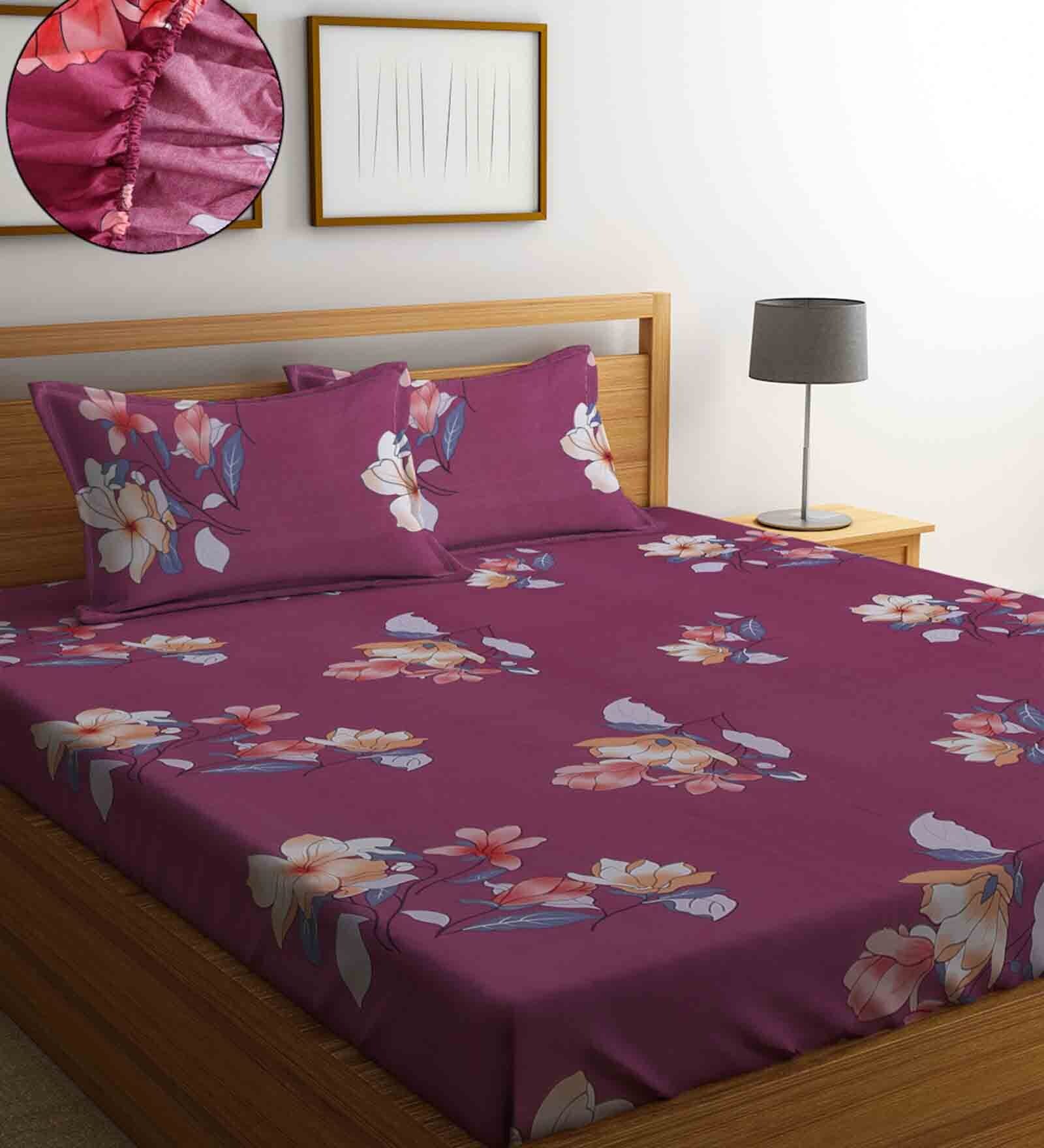 Buy Wine Floral 280 TC Cotton Blend Queen Sized Fitted Bed Sheets with