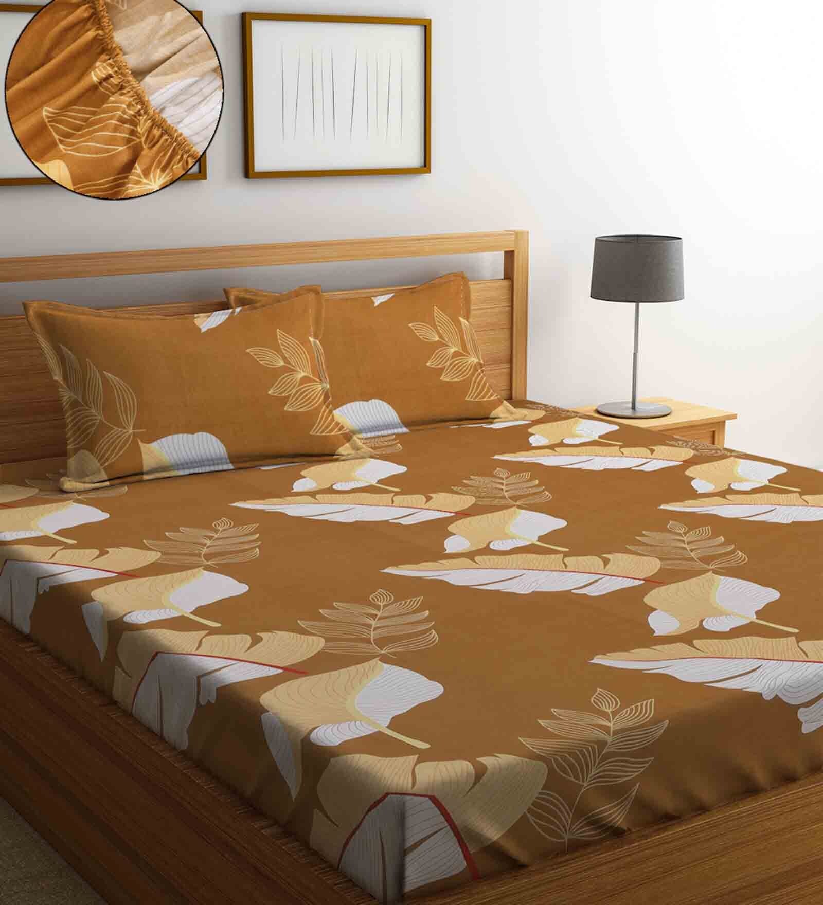 Rust Floral 280 TC Cotton Blend Queen Sized Fitted Bed Sheets with 2 Pillow Covers
