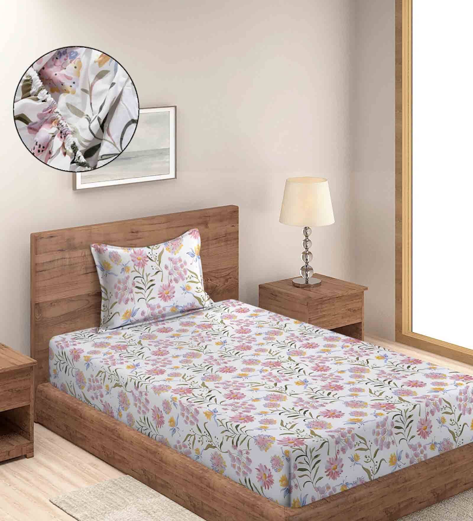 Multicolor Floral 280 TC Cotton Blend Single Bed Sized Fitted Bed Sheets With 1 Pillow Cover