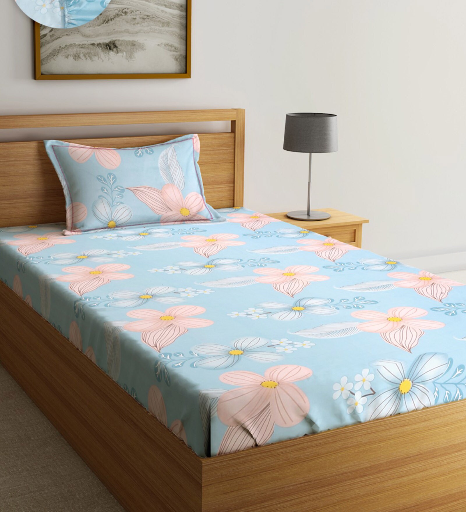 Multicolor Floral 280 TC Glace Cotton Fitted Single Bedsheet with 1 Pillow Cover