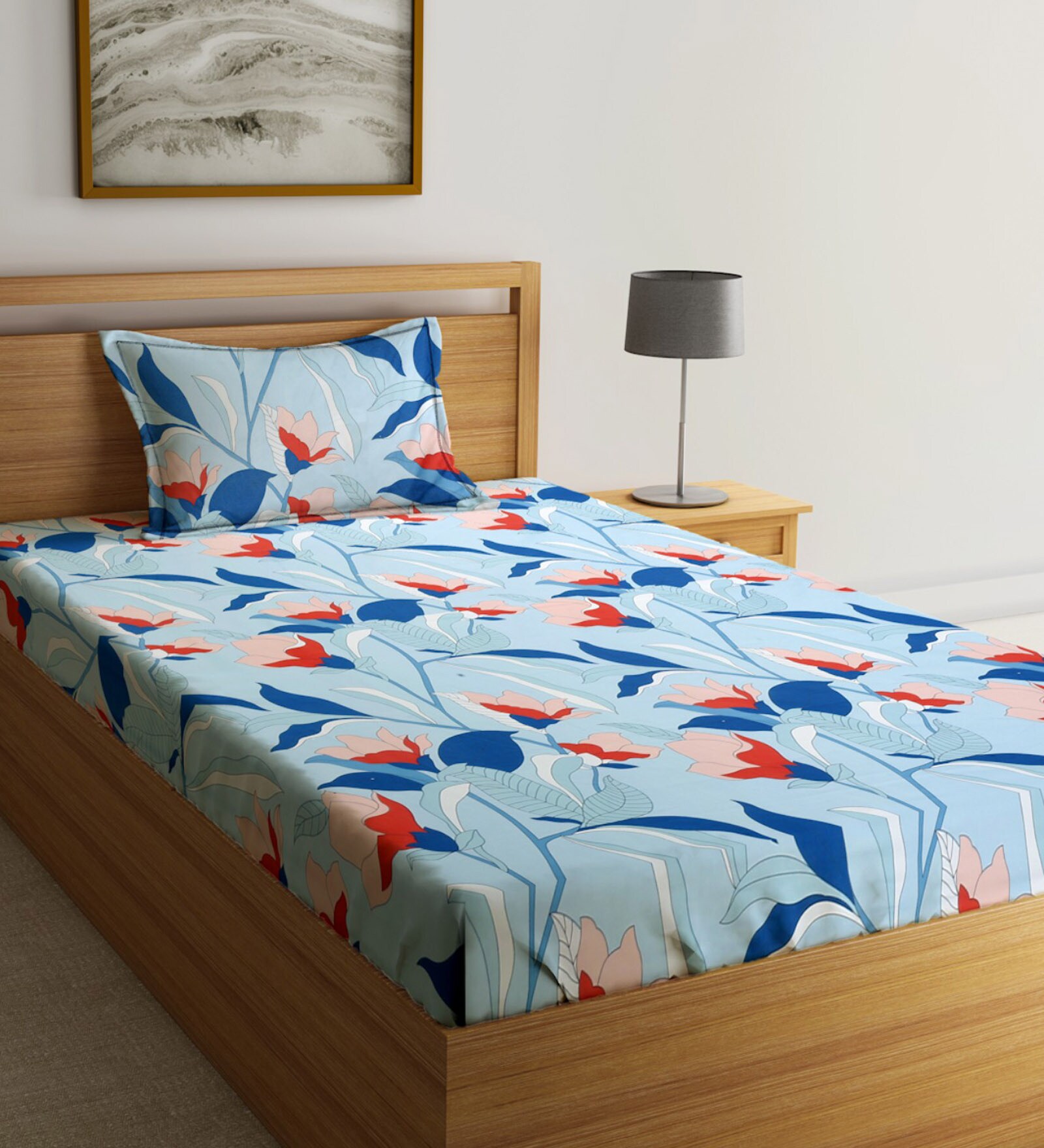 Multicolor Floral 280 TC Glazed Cotton Single Bedsheet with 1 Pillow Cover