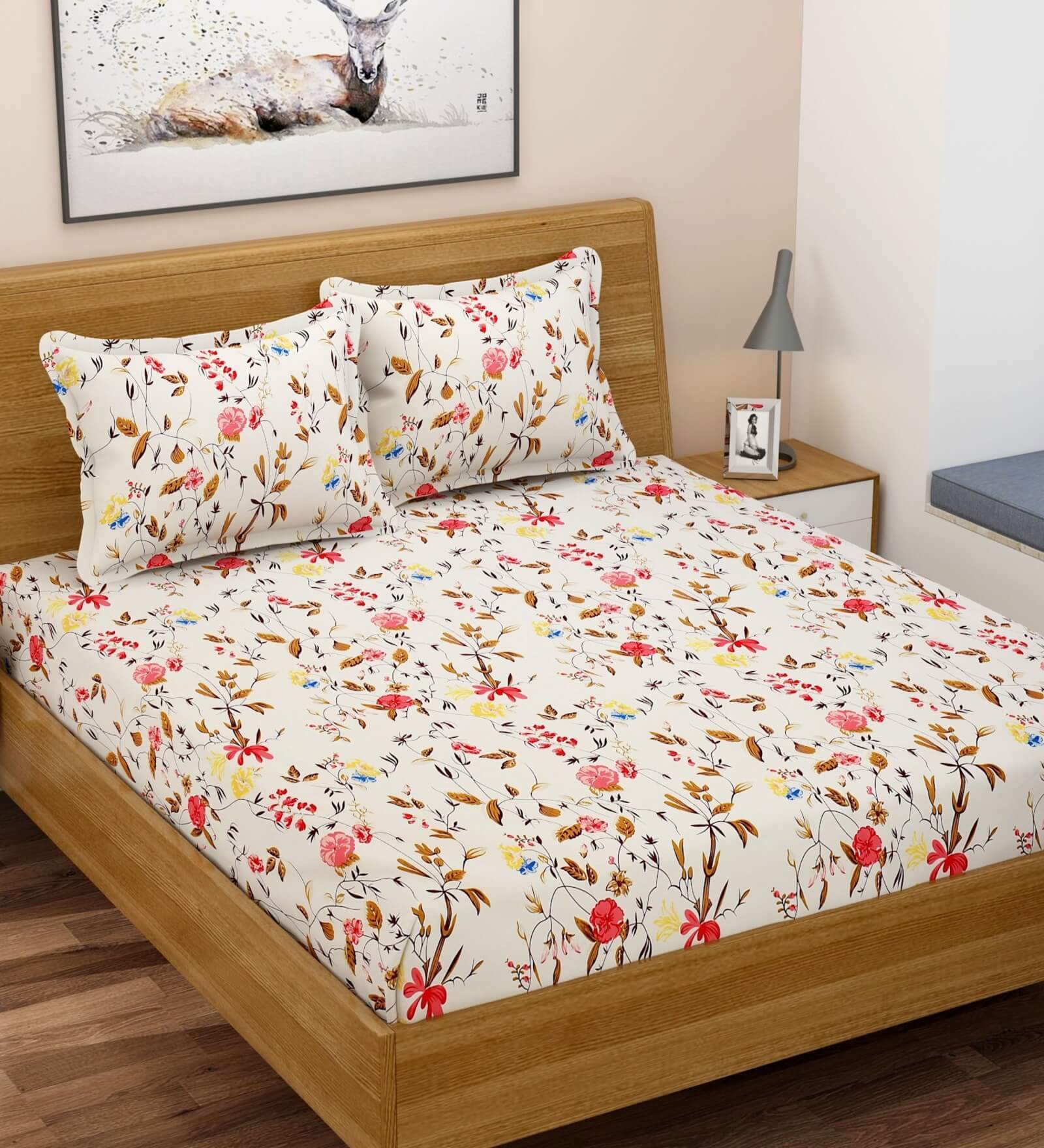 Multicolor Floral 280 TC Microfibre Fitted King Bedsheet 2 Pillow Covers