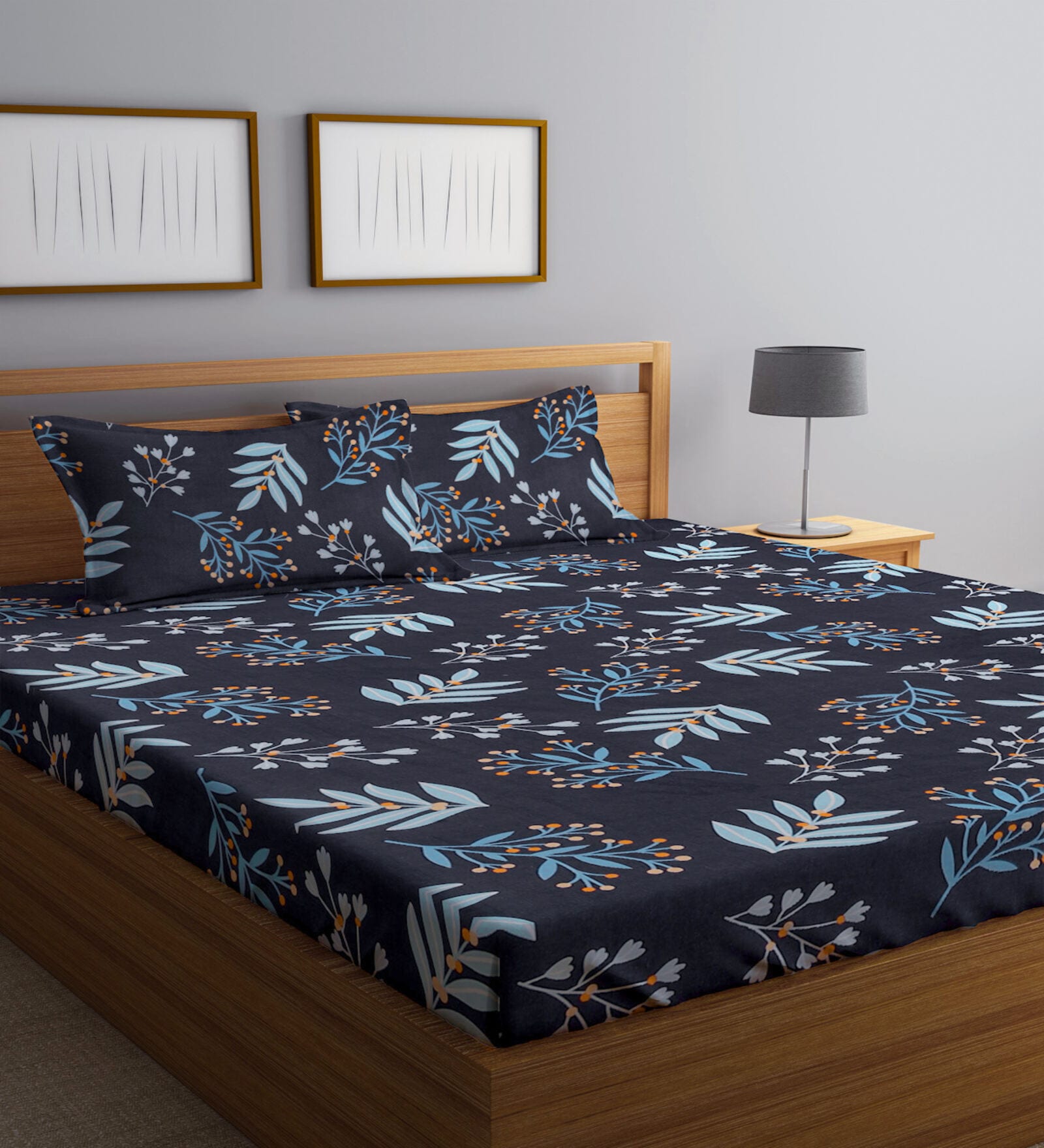 Navy Blue Floral 300 TC Cotton Blend  Double Bedsheet with 2 Pillow covers