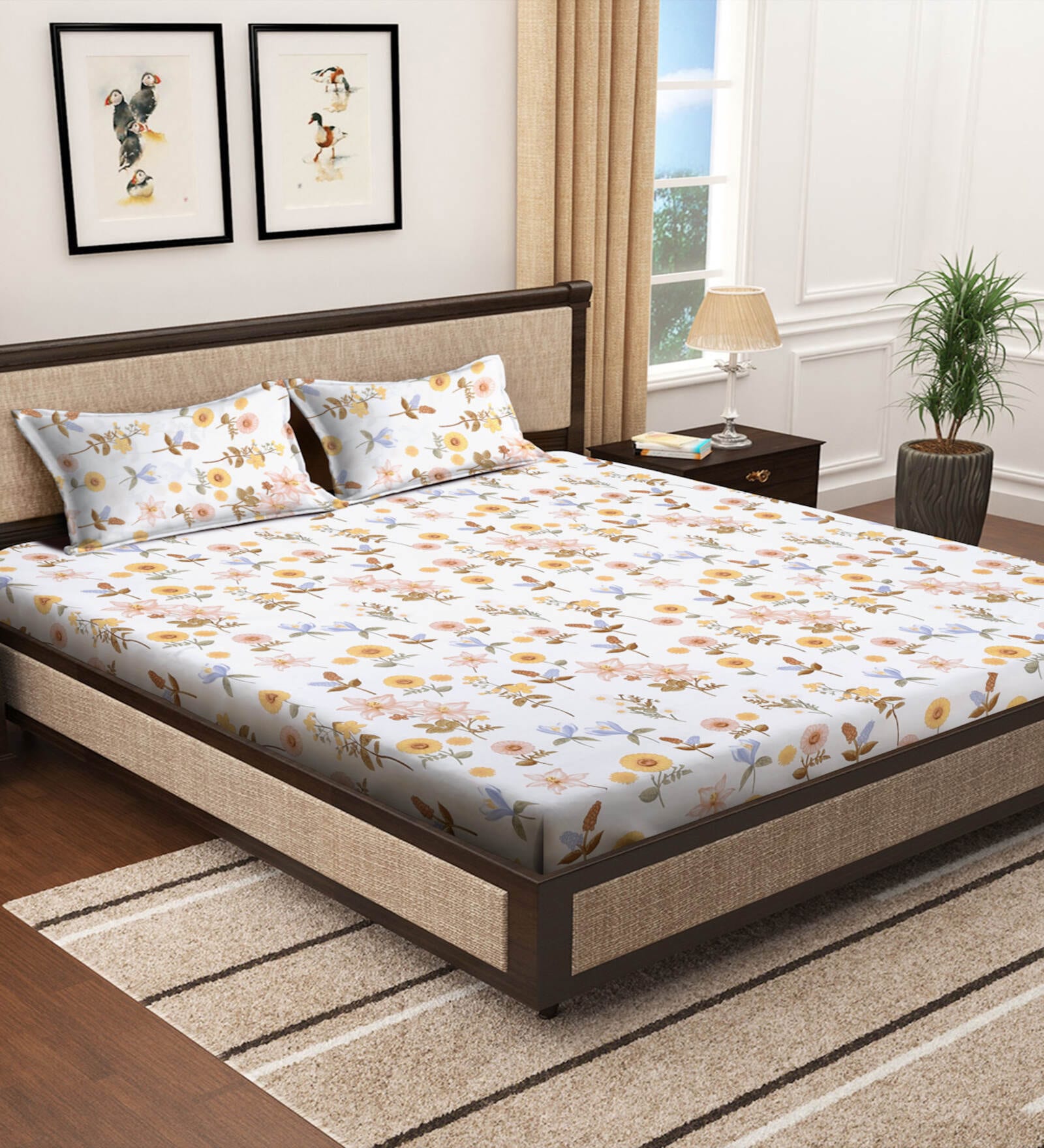 Multicolor Floral 300 TC Cotton Blend  Double Bedsheet with 2 Pillow covers