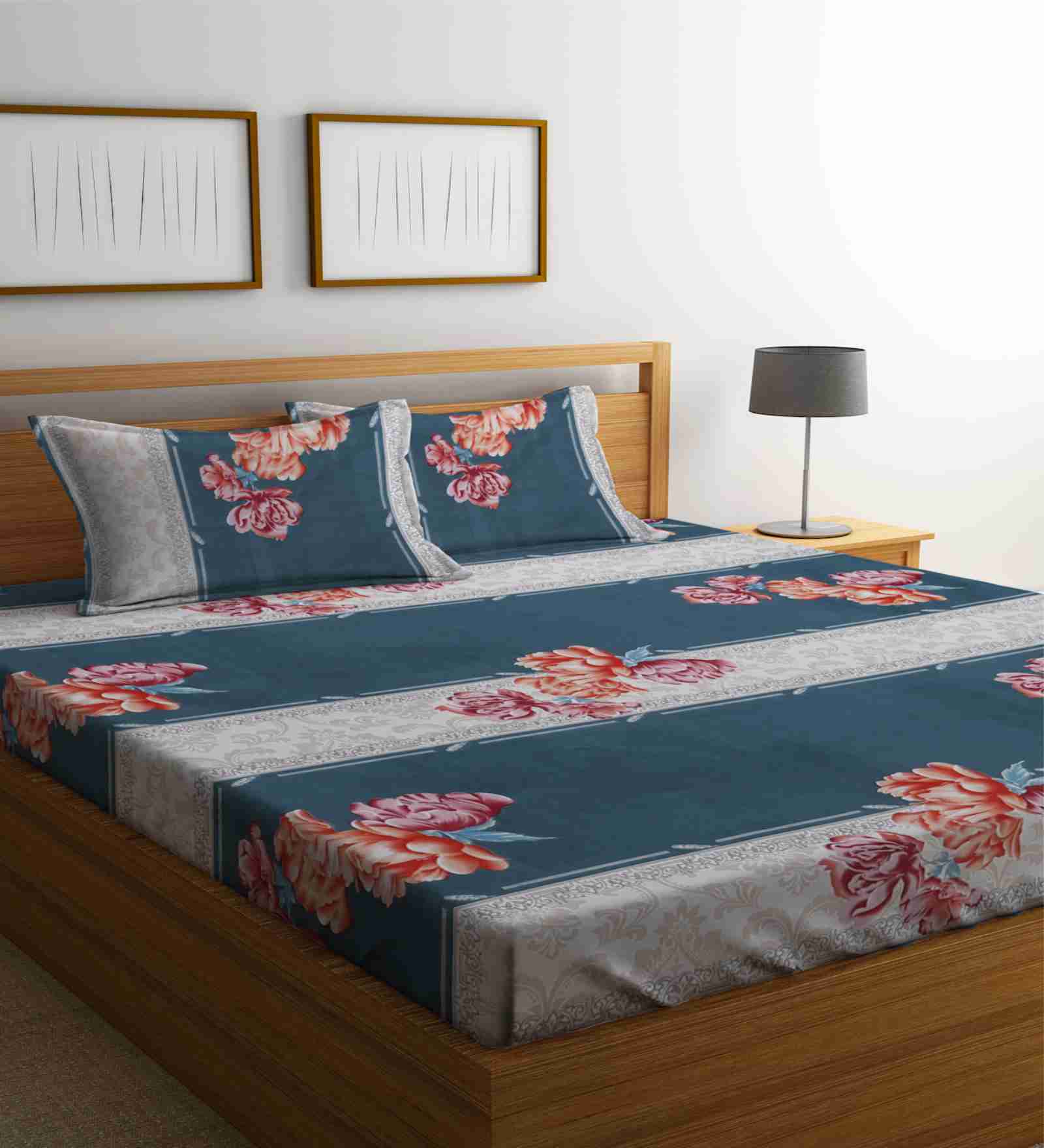 Grey Floral 300 Tc Cotton Blend King Sized Bed Sheets With 2 Pillow Covers