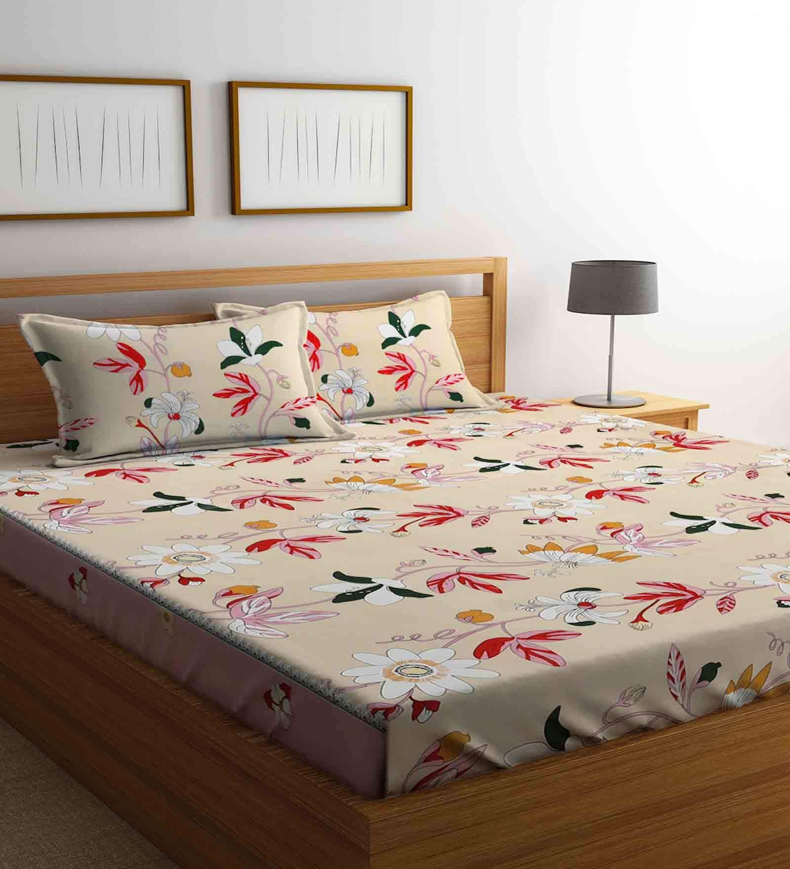Multicolor Floral 300 TC Cotton Blend King Sized Bed Sheets with 2 Pillow Covers