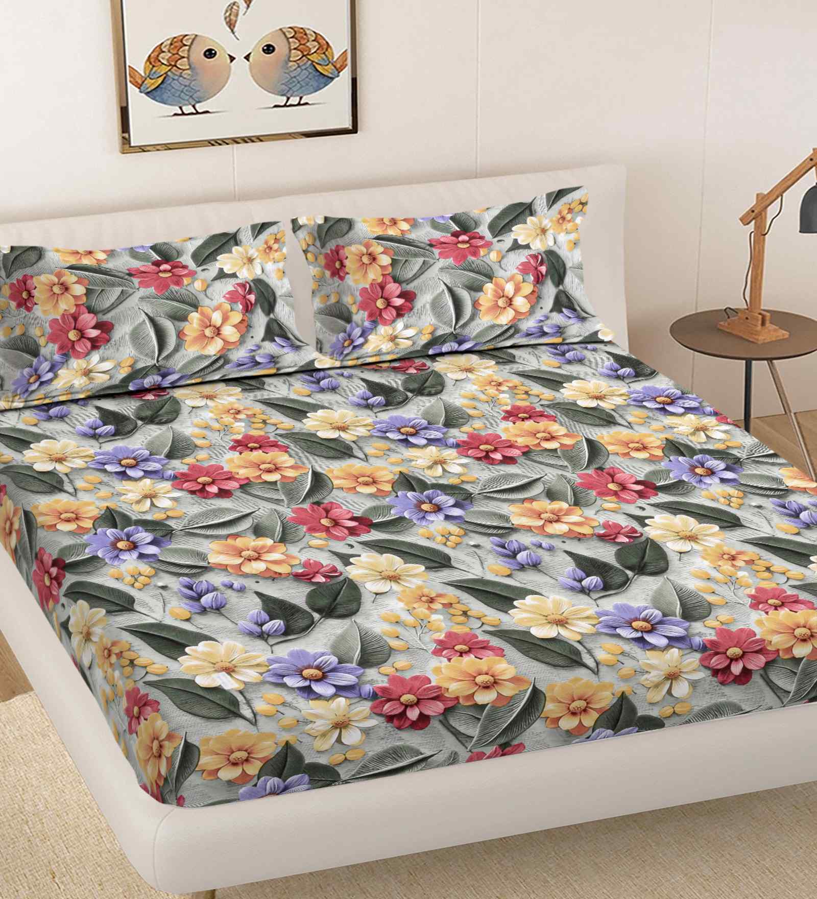 Green Floral 300 TC Cotton Blend 7D King Size Double Bedsheet with 2 Pillow Covers