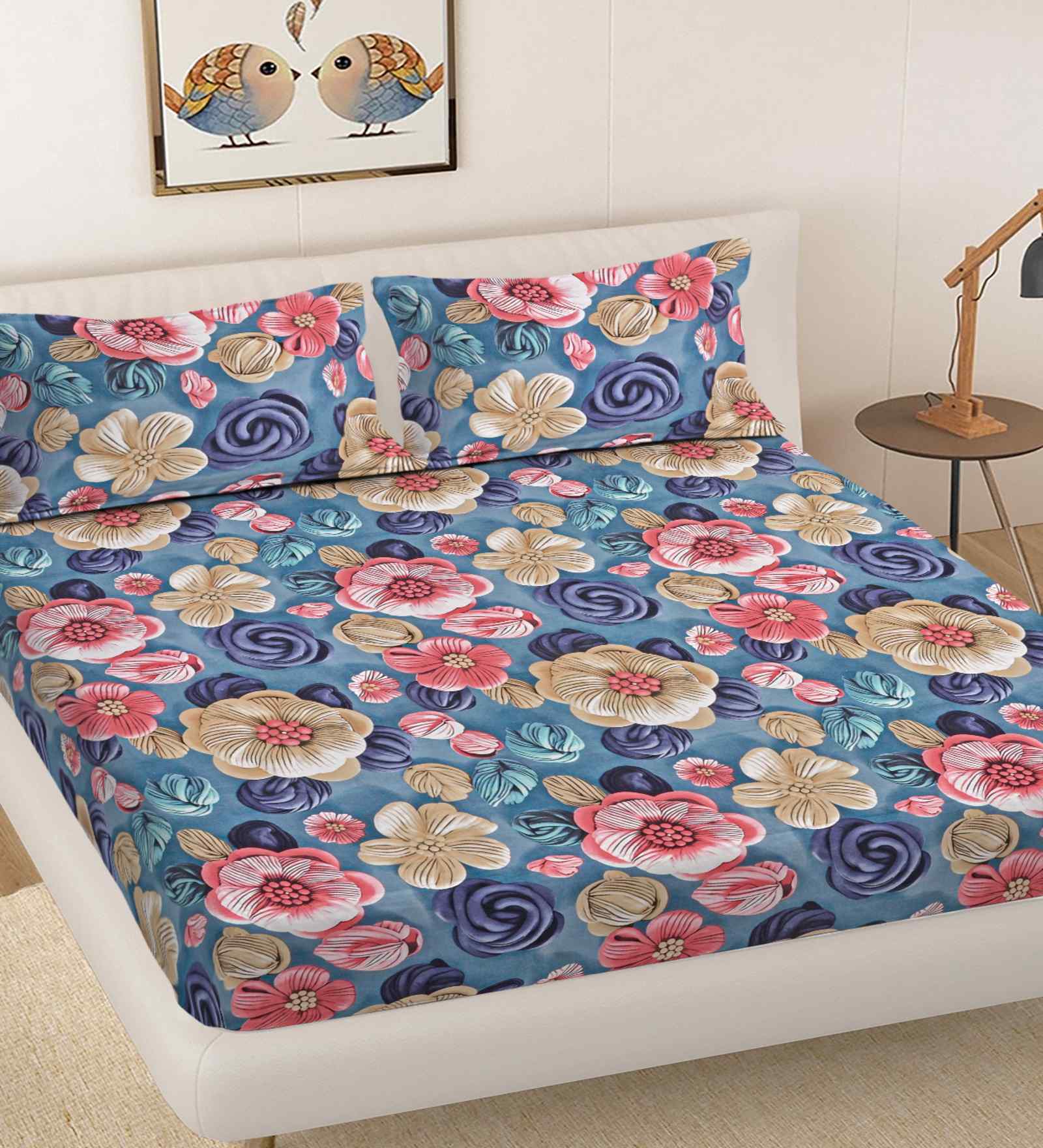 Grey Floral 300 TC Cotton Blend 7D King Size Double Bedsheet with 2 Pillow Covers