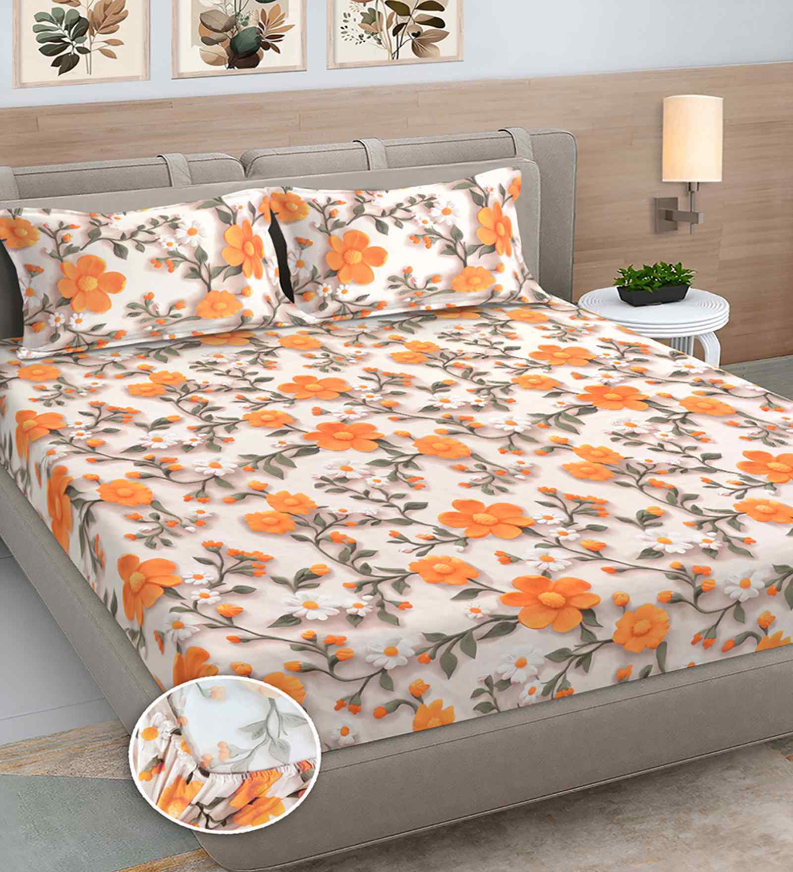 Orange Floral 300 TC Cotton Blend 7D King Size Fitted Double Bedsheet with 2 Pillow Covers