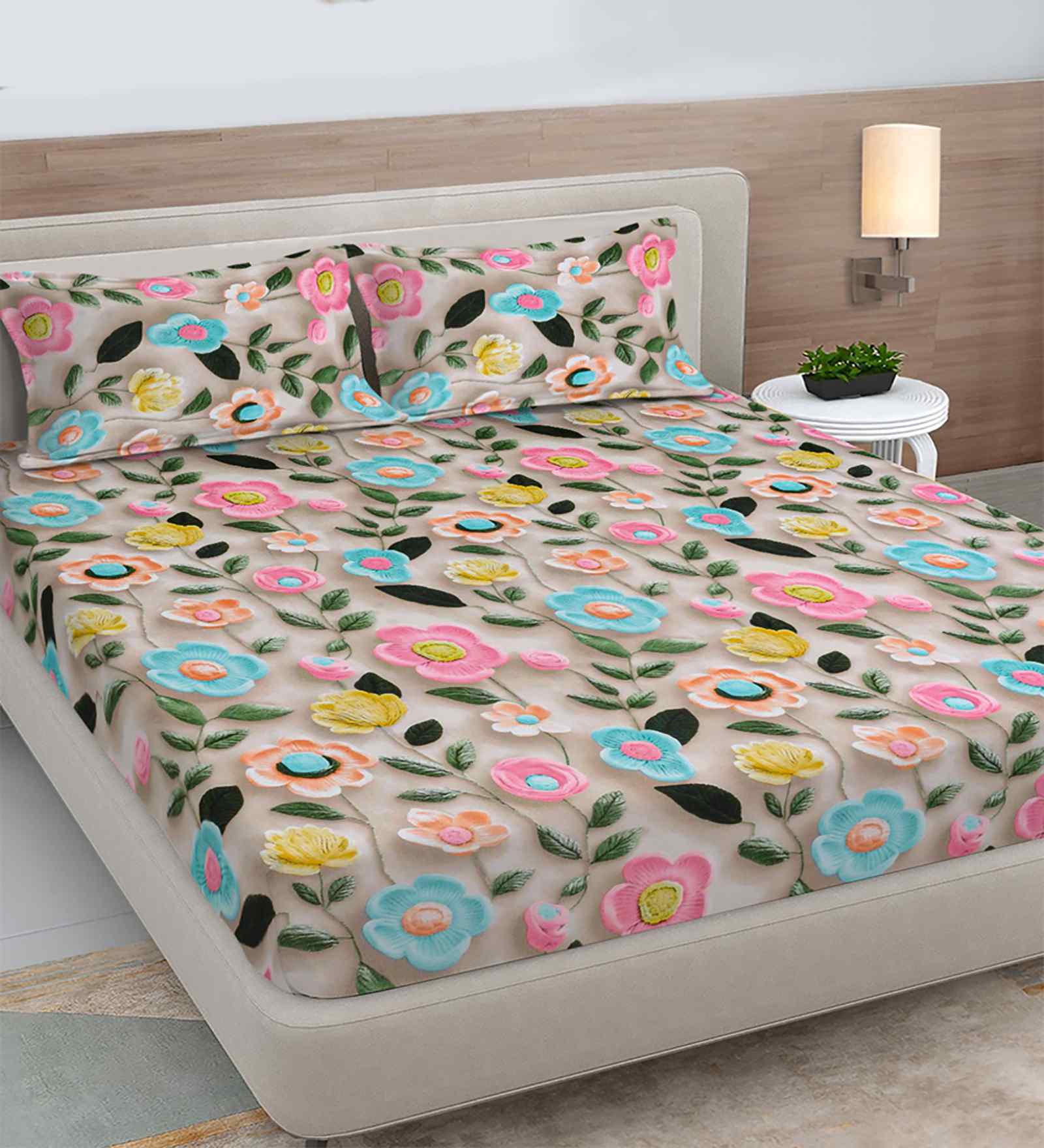 Multicolor Floral 300 TC Cotton Blend 7D King Size Fitted Double Bedsheet with 2 Pillow Covers