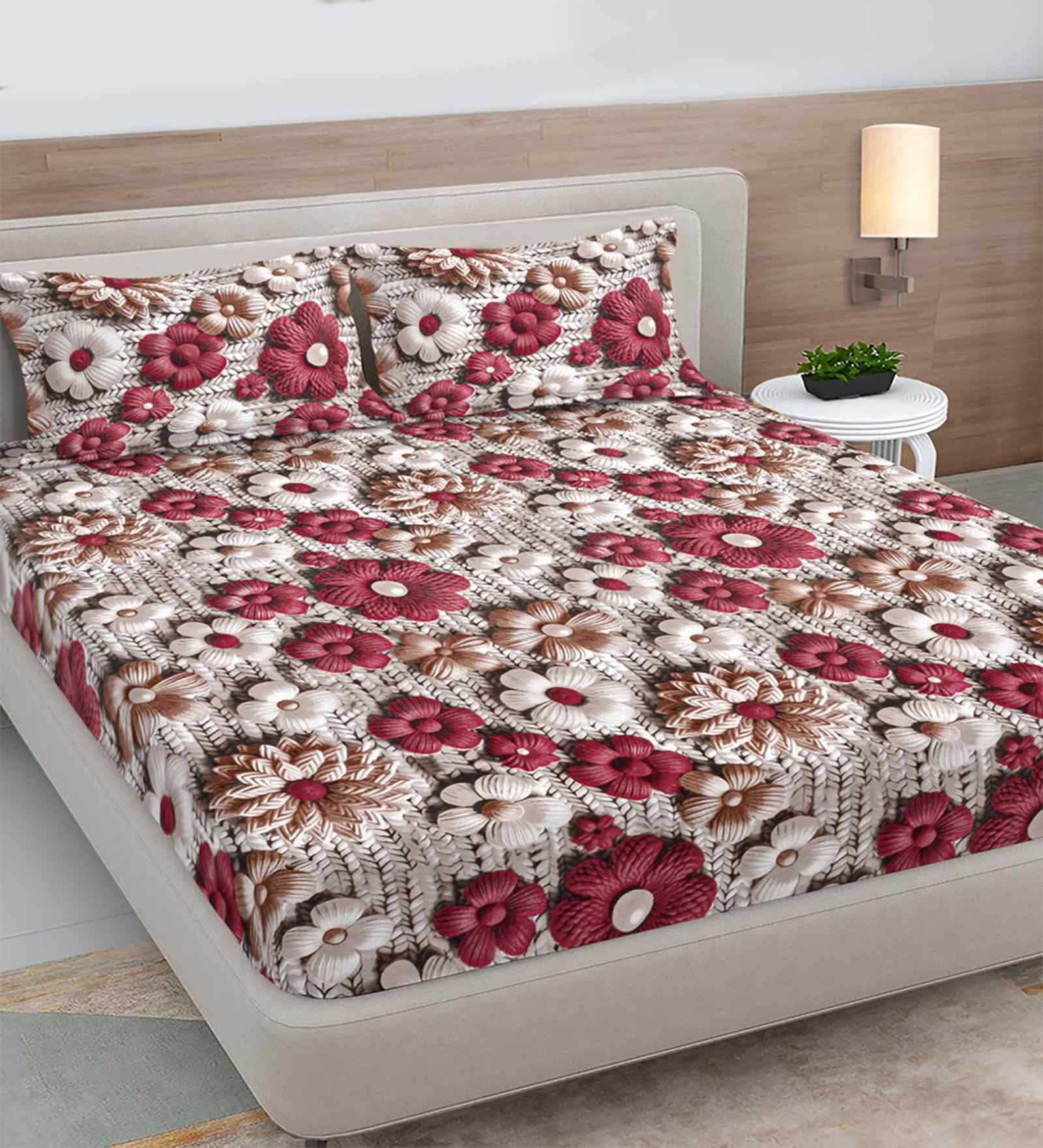 Maroon Floral 300 TC Cotton Blend 7D King Size Fitted Double Bedsheet with 2 Pillow Covers