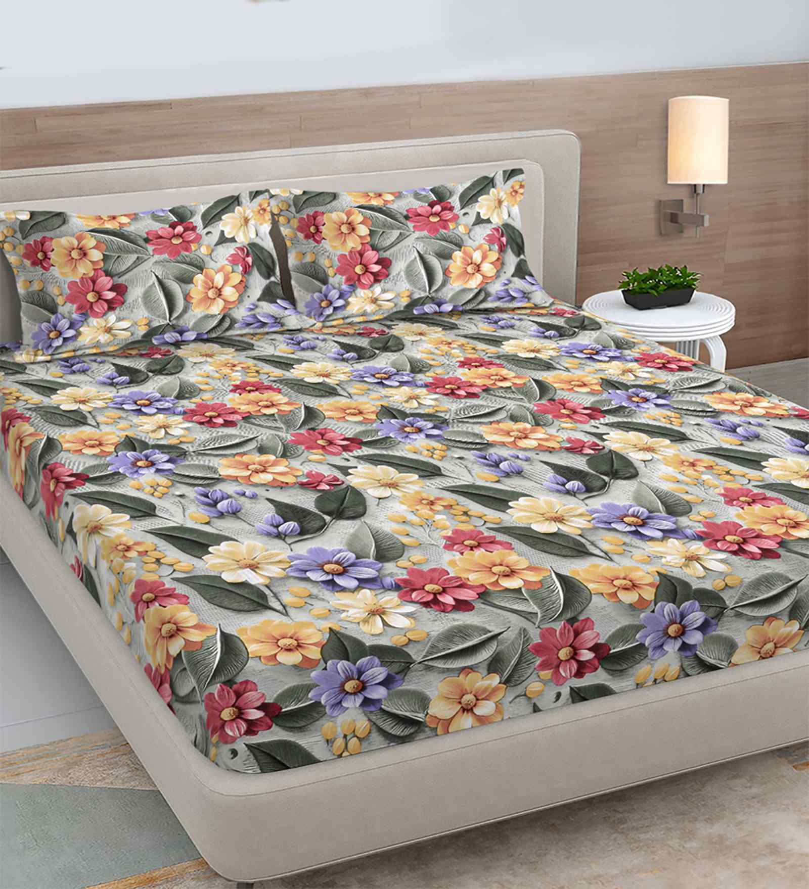 Green Floral 300 TC Cotton Blend 7D King Size Fitted Double Bedsheet with 2 Pillow Covers