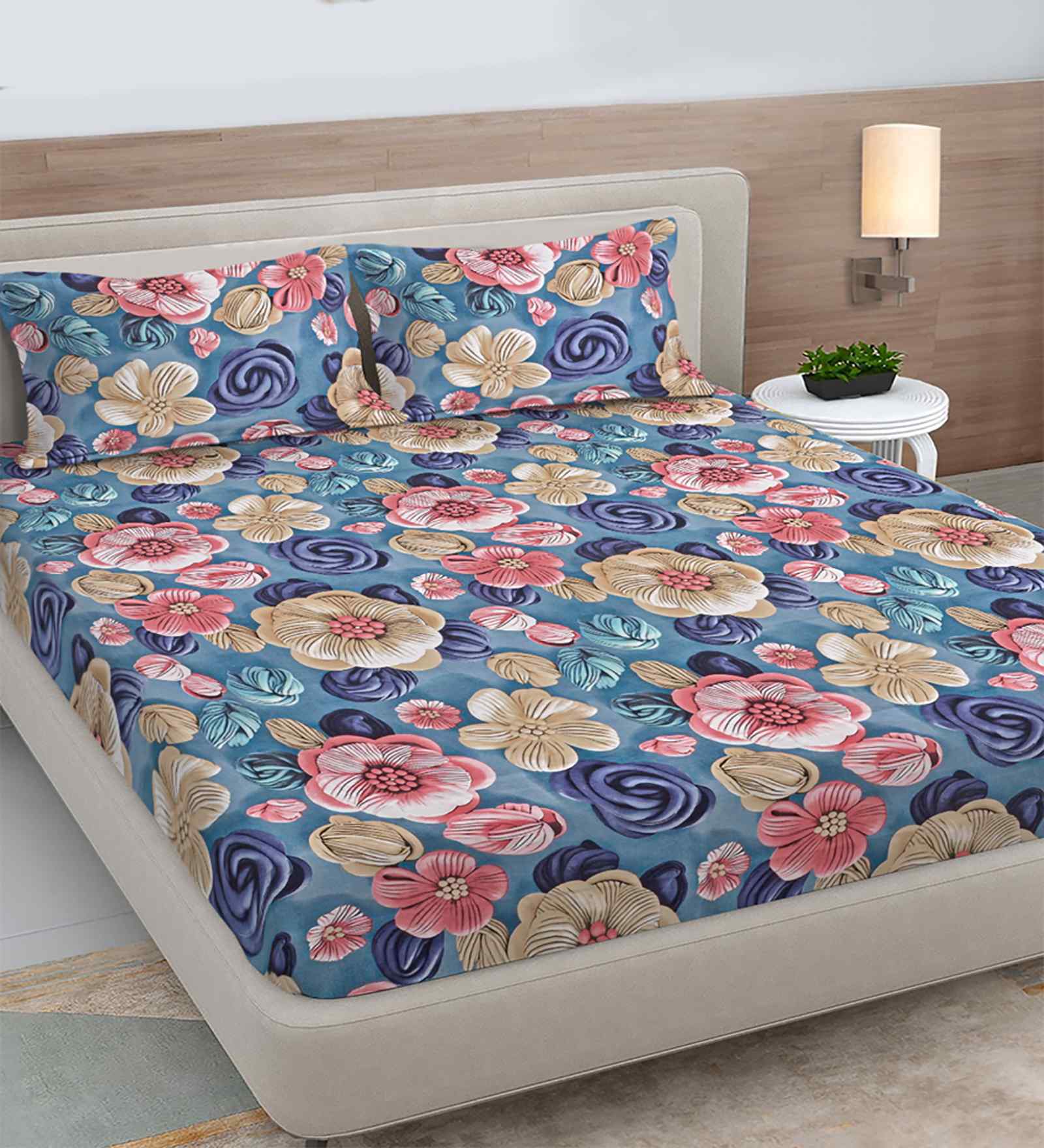 Blue Floral 300 TC Cotton Blend 7D King Size Fitted Double Bedsheet with 2 Pillow Covers