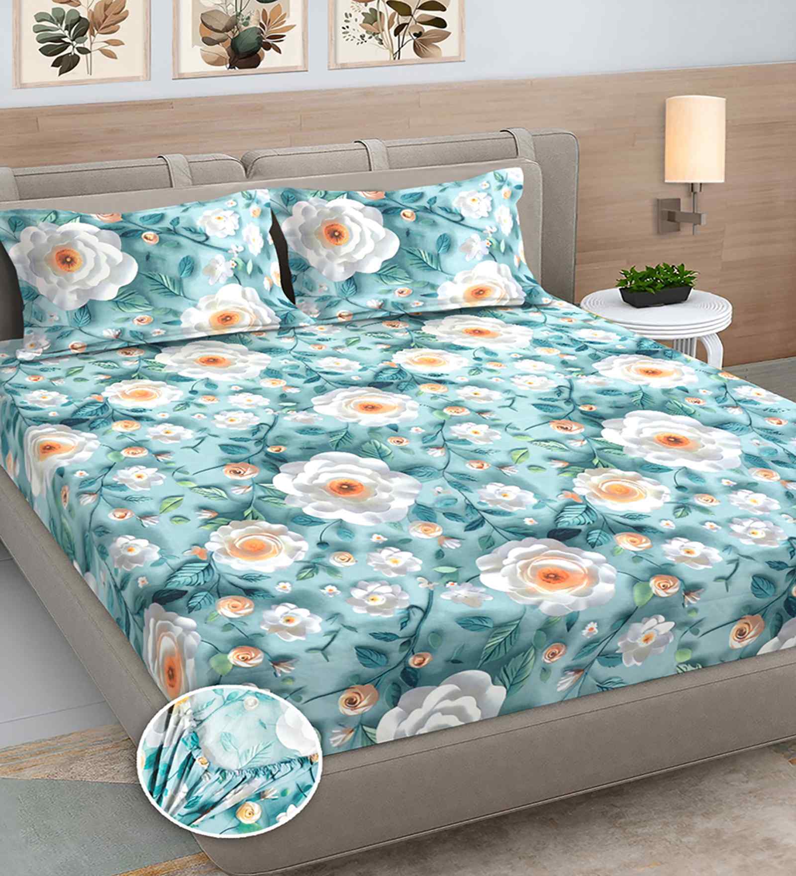 Blue Floral 300 TC Cotton Blend 7D King Size Fitted Double Bedsheet with 2 Pillow Covers