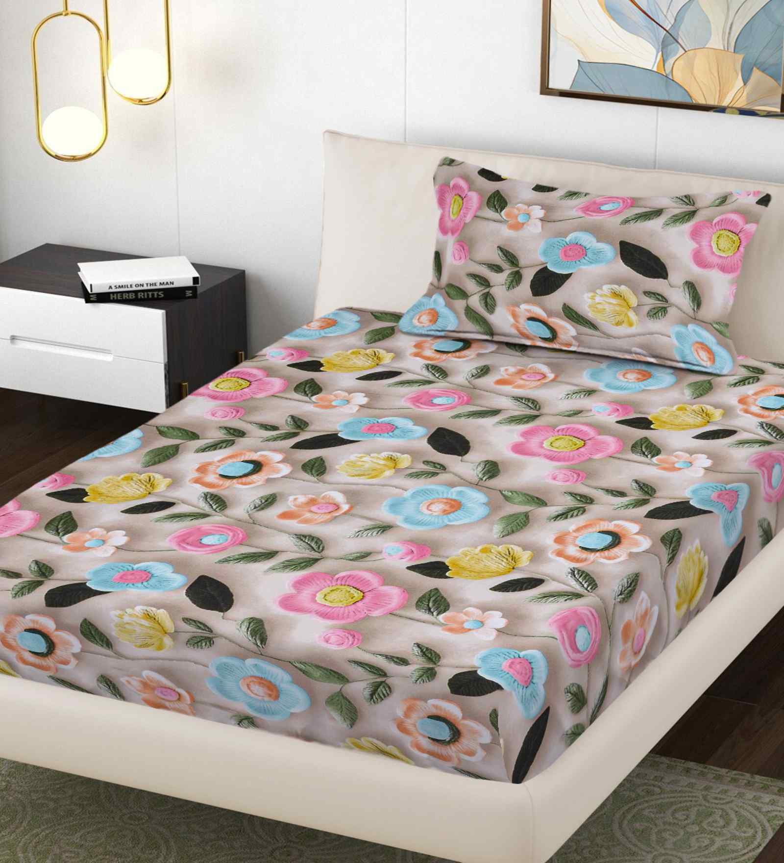 Multicolor Floral 300 TC Cotton Blend 7D Single Bedsheet with 1 Pillow Cover