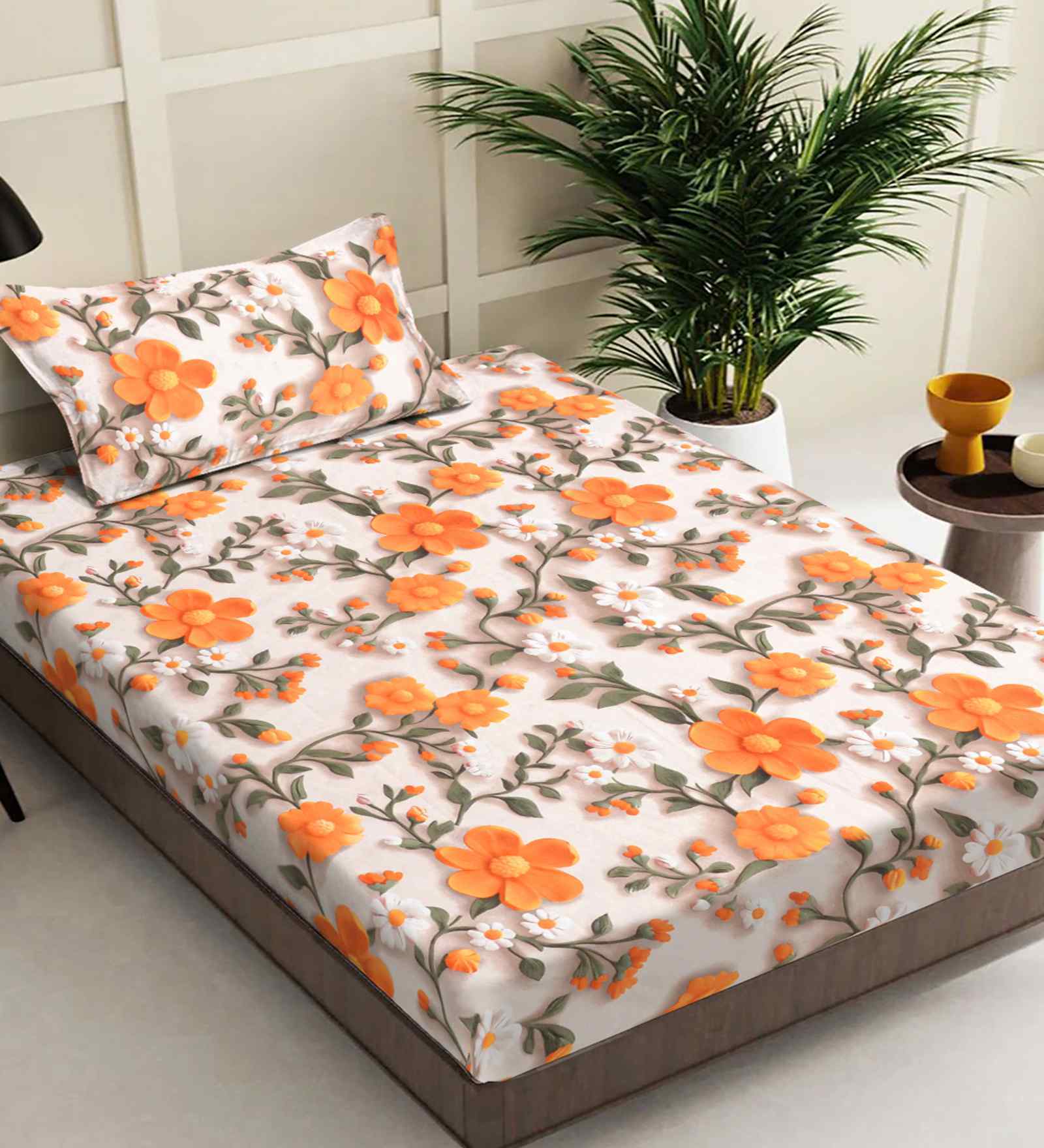 Multicolor Floral 300 TC Cotton Blend 7D Single Bedsheet with 1 Pillow Cover