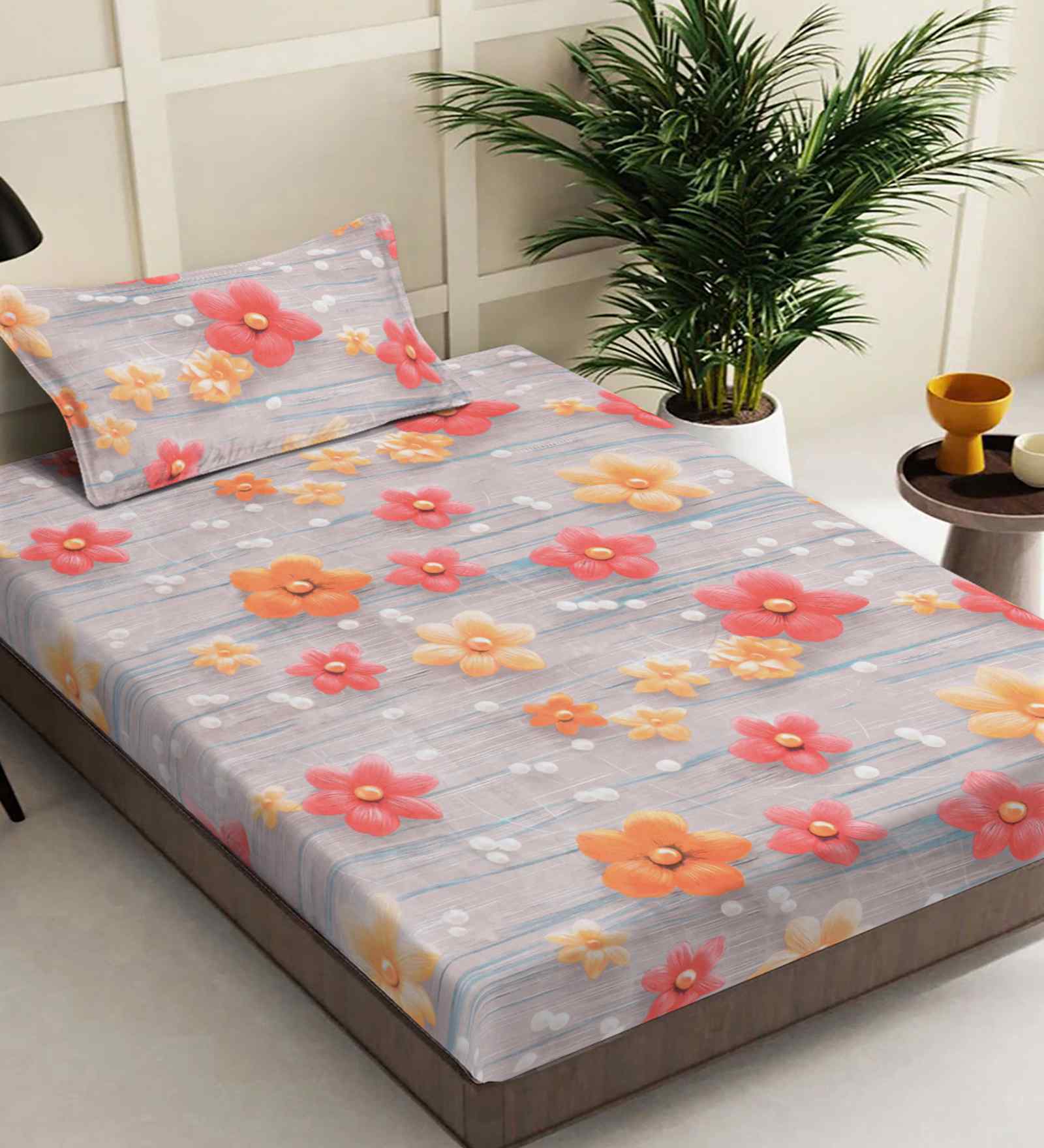 Multicolor Floral 300 TC Cotton Blend 7D Single Bedsheet with 1 Pillow Cover