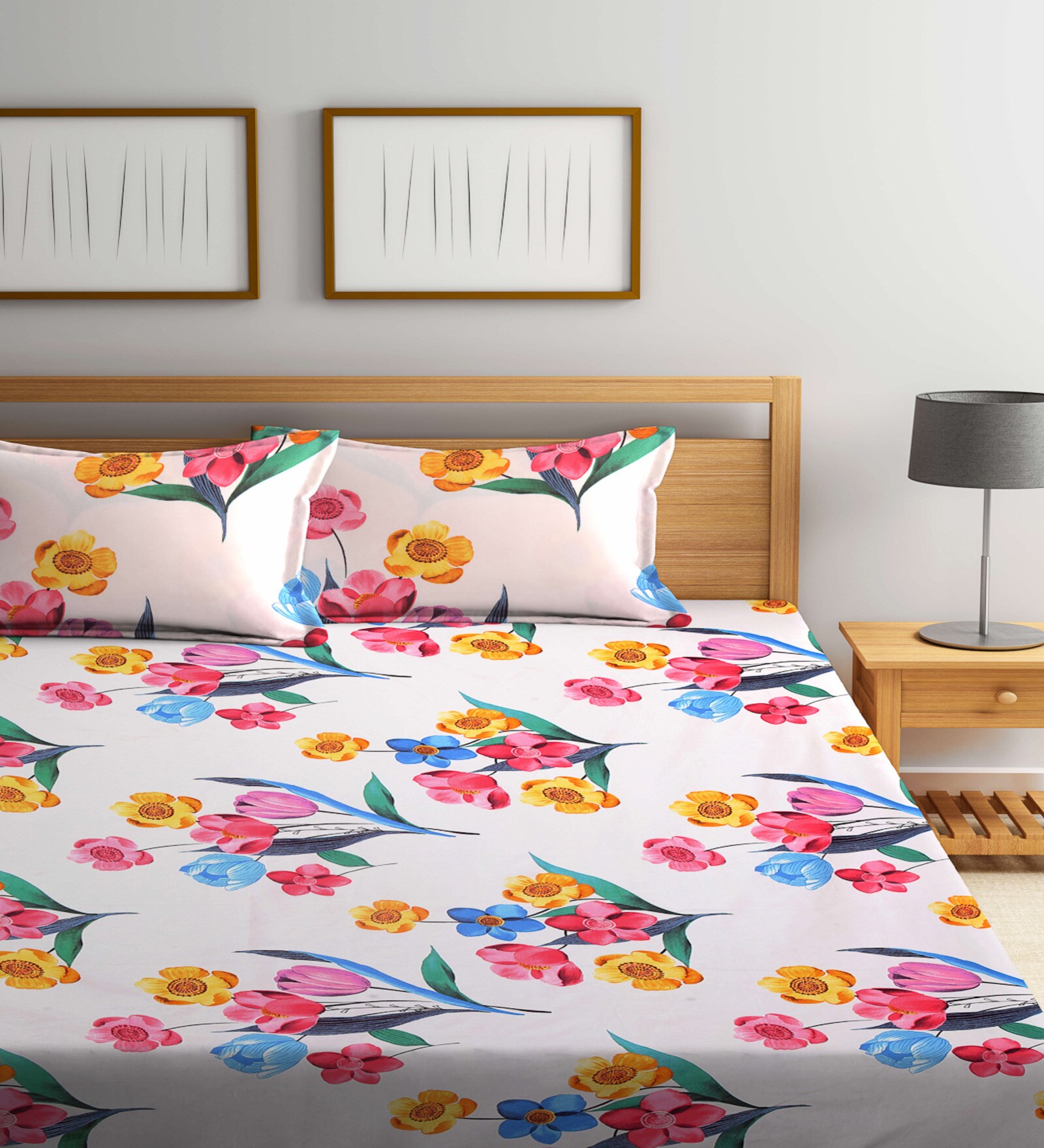 Beige Floral 300 Tc Cotton Blend Double King Sized Bedsheet With 2 Pillow Covers