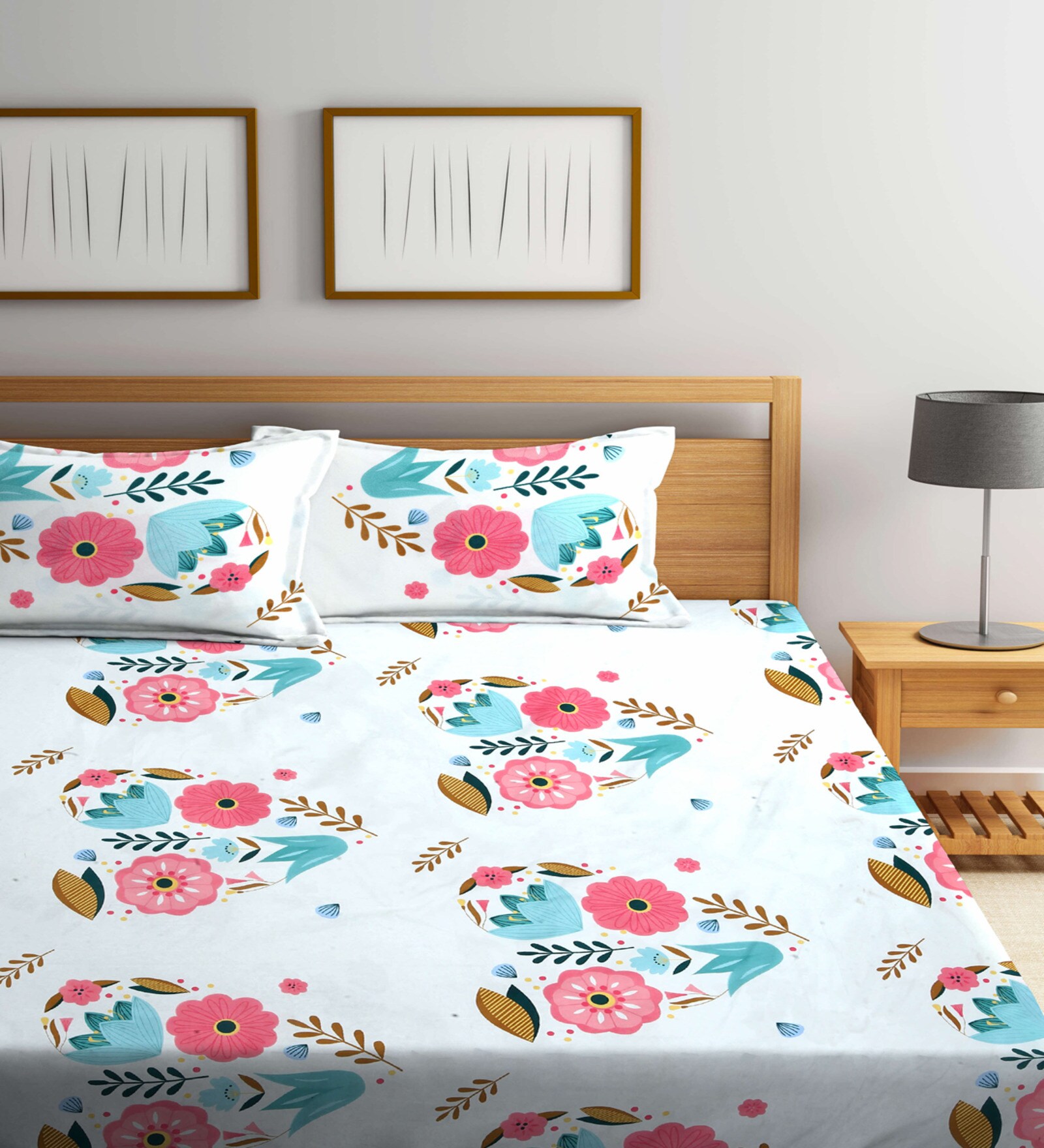 Blue Floral 300 Tc Cotton Blend Double King Sized Bedsheet With 2 Pillow Covers
