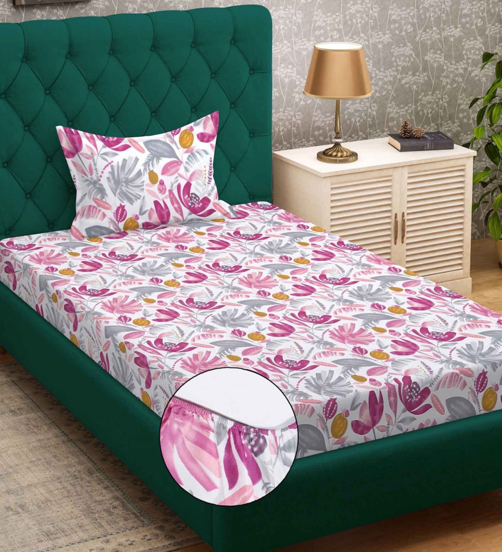 Multicolor Floral 300 TC Cotton Blend Fitted Single Bedsheet with Pillow Cover