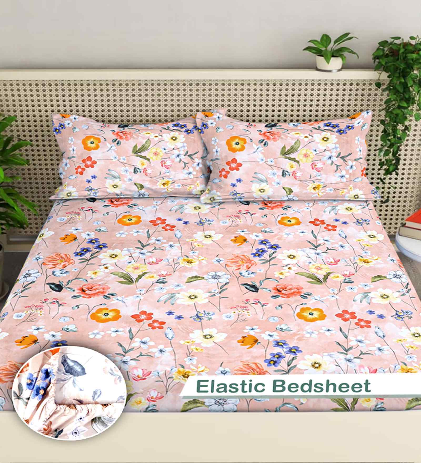 Multicolor Floral 300 TC Cotton Blend King Size Fitted Double Bedsheet with 2 Pillow Covers