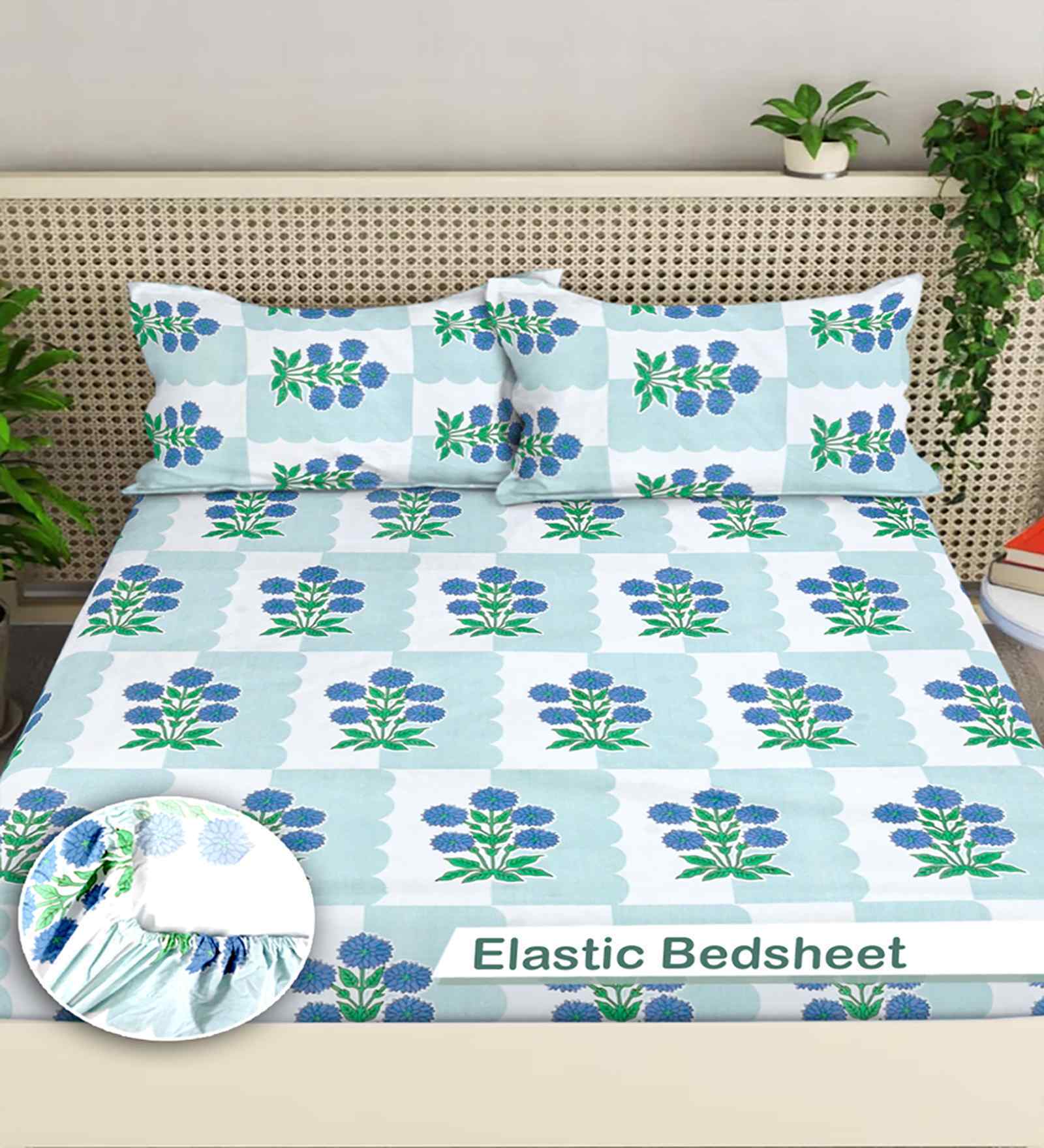Multicolor Floral 300 TC Cotton Blend King Size Fitted Double Bedsheet with 2 Pillow Covers