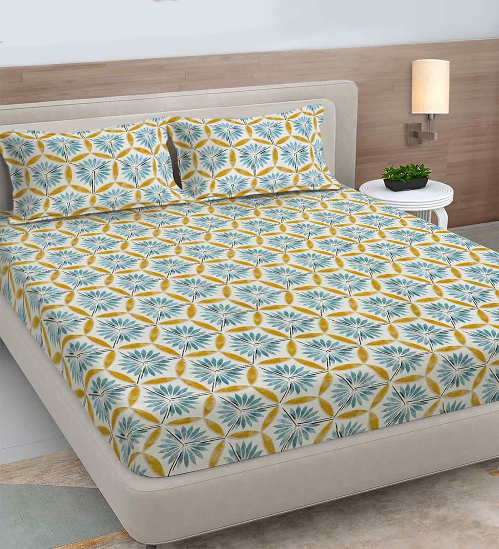 Multicolor Floral 300 TC Cotton Blend King Size Fitted Double Bedsheet with 2 Pillow Covers