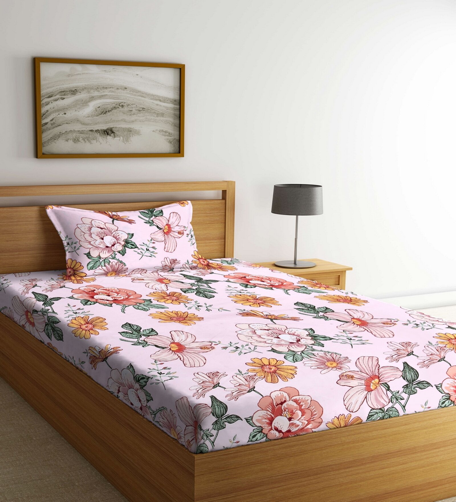 Multicolor Floral 300 TC Cotton Blend Single Bedsheet with 1 Pillow Cover