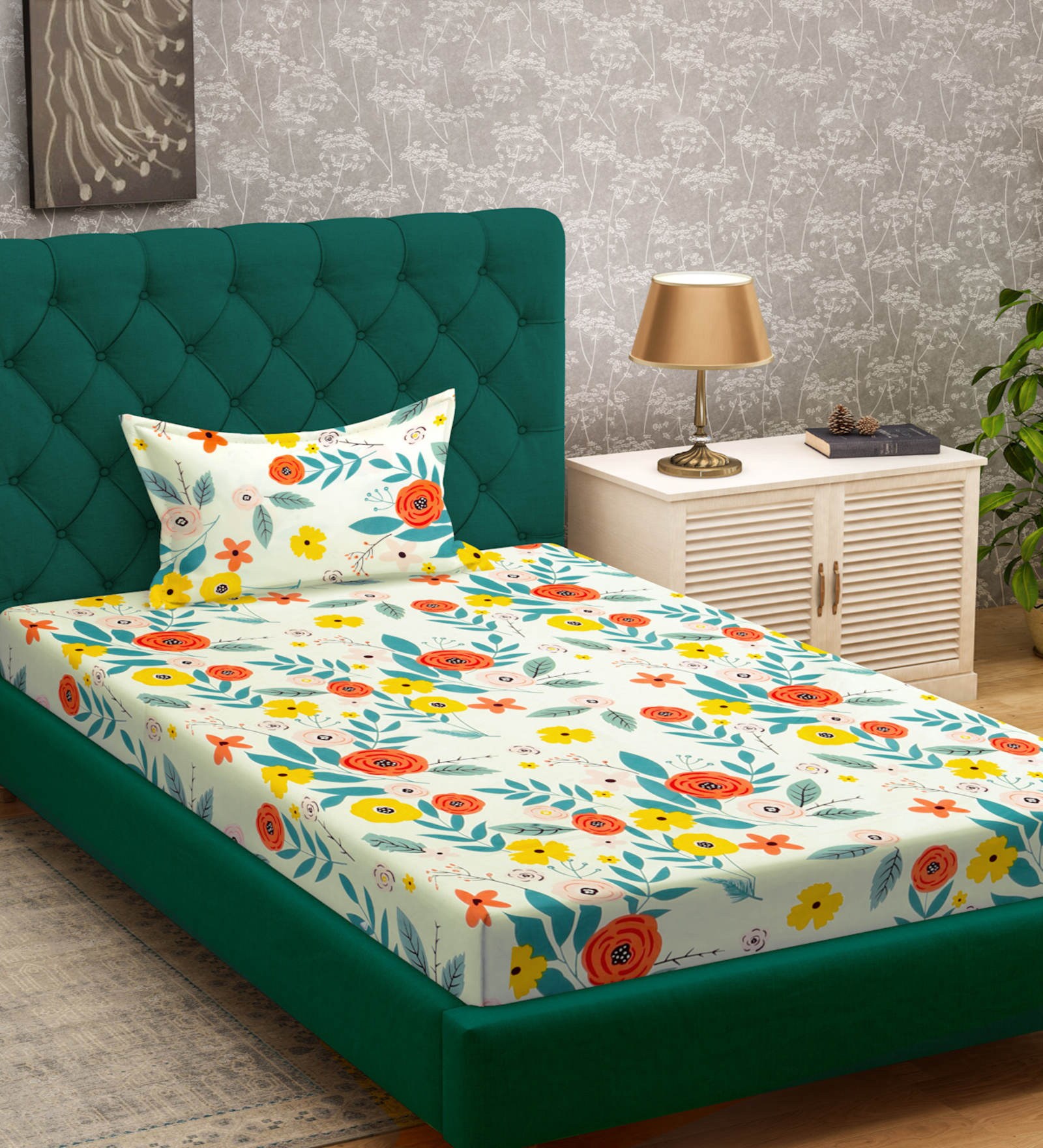 Multicolor Floral 300 TC Cotton Fitted Single Bedsheet with 1 Pillow Cover