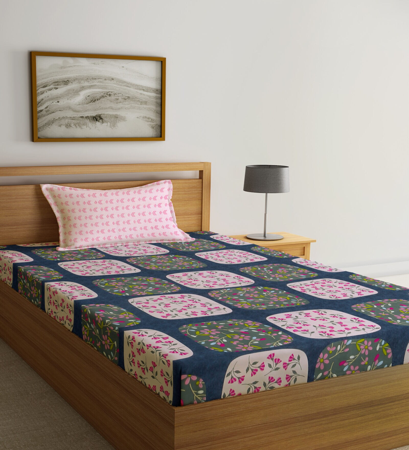Multicolor Floral 300 TC Cotton Fitted Single Bedsheet with 1 Pillow Cover