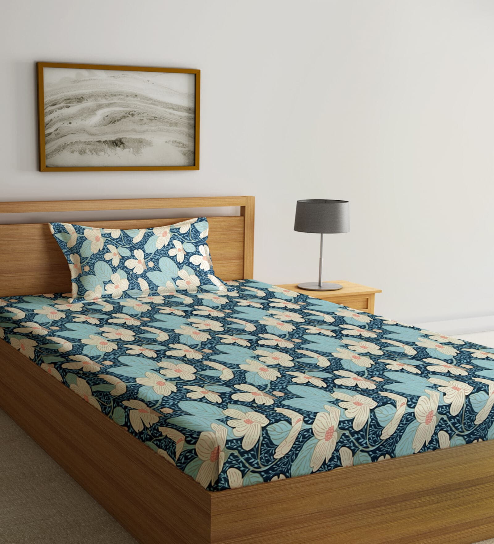 Multicolor Floral 300 TC Cotton Fitted Single Bedsheet with 1 Pillow Cover