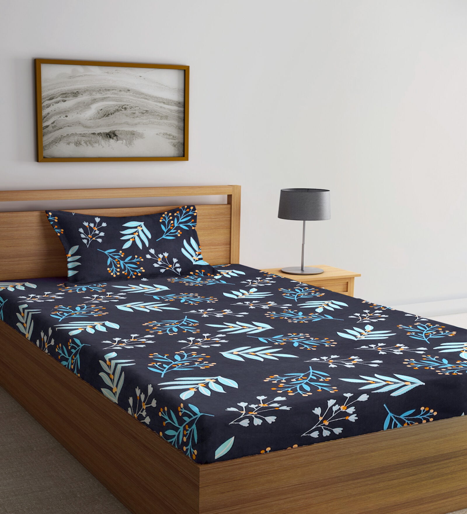Multicolor Floral 300 TC Cotton Fitted Single Bedsheet with 1 Pillow Cover