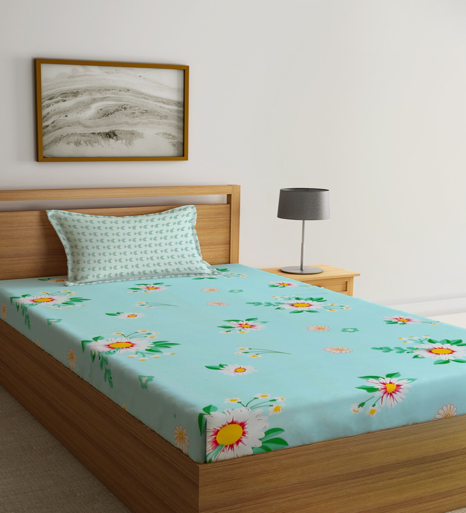 Multicolor Floral 300 TC Cotton Fitted Single Bedsheet with 1 Pillow Cover