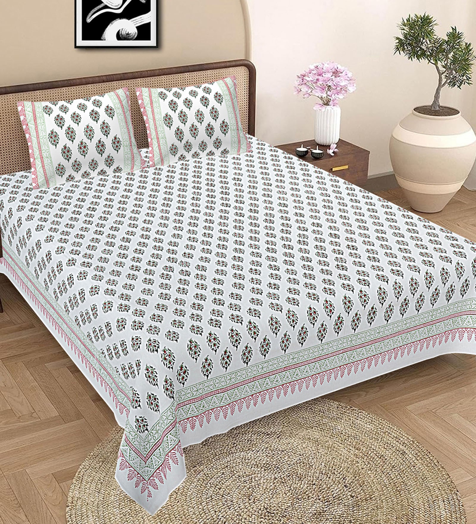 Multicolor Floral 300 TC Cotton Queen Sized Bedsheet With 2 Pillow Covers